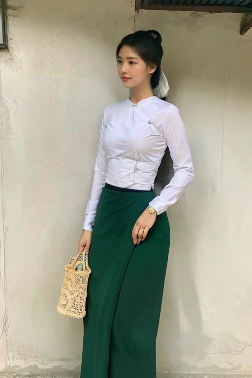 A school teacher is 30years old.Tall, thin, big hips, big breasts, black hair, small lips, brown eyes, attractive, K.Top=white Burmese blouse,With long sleeves,Buttoned at the side.Bottom=(Dark green) long skirt.
Footwear=female Burmese sandals,The hair is knotted bun.