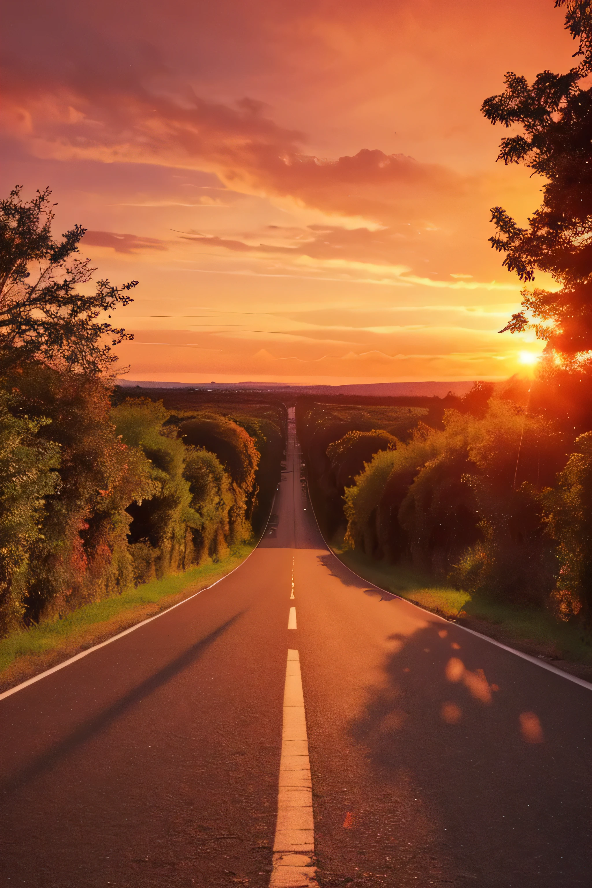 Album cover design.Romantic atmosphere at sunset.Orange and pink sky、The Sunset Sun、Include silhouettes of trees, roads, etc..Emotional and beautiful design