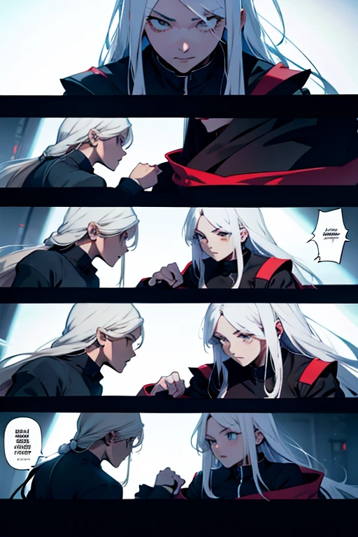 Girl with long white hair brutal fight scene, manga page with panels and dialogue