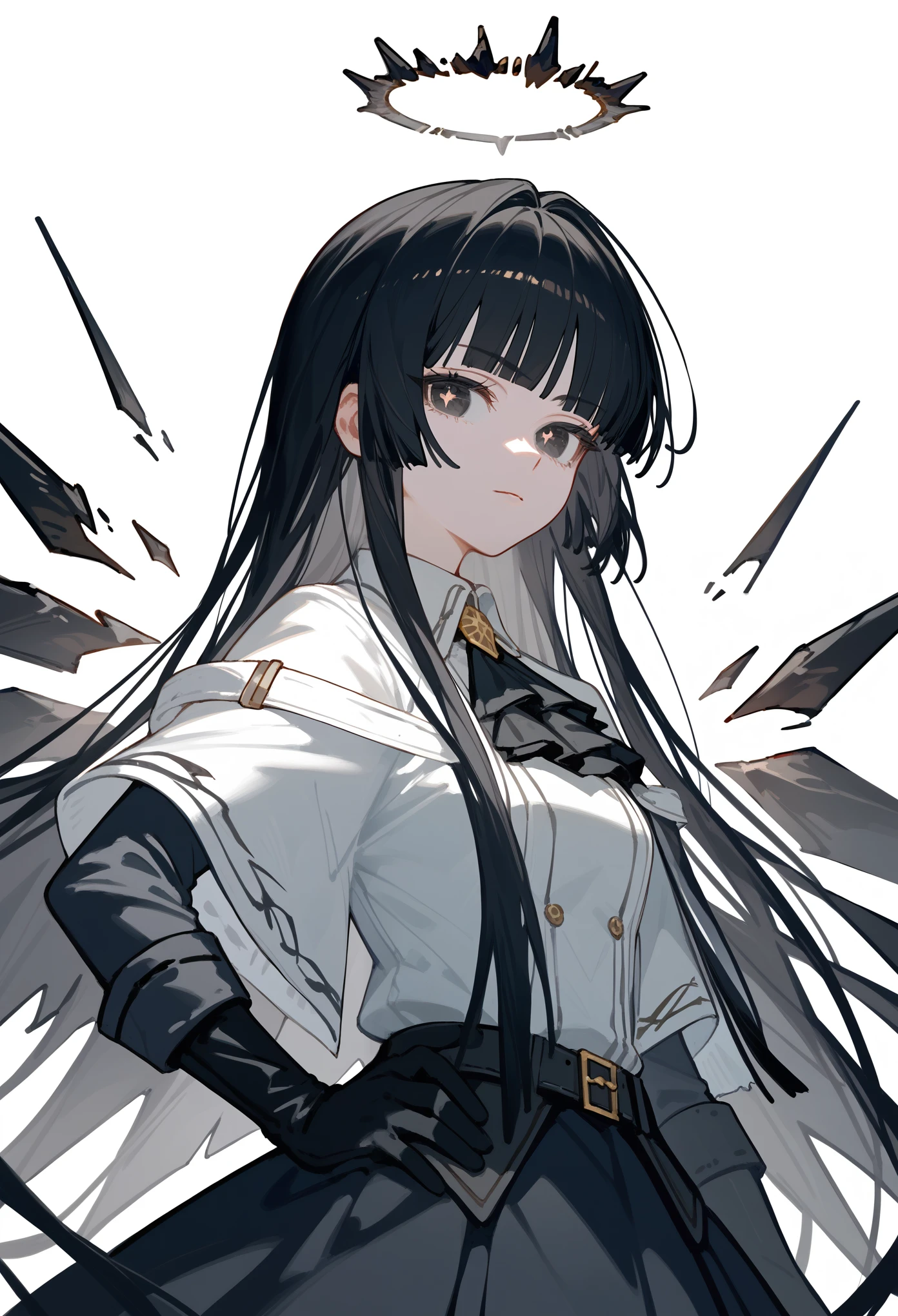 (score_9, score_8_up, score_7_up), portrait, 1girl, solo, VirtuosaBase, white pupils, long hair, hime cut, broken halo, black ascot, white shirt, capelet, black sleeves, black gloves, belt, black skirt, energy wings, standing, hand on hip, upper body, portrait, white background, simple background