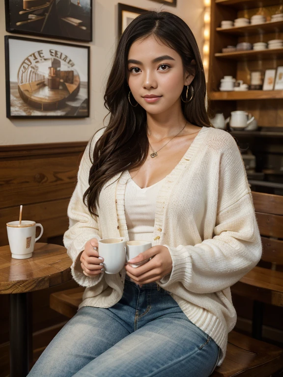 (8k, highest quality, ultra detailed:1.37), (Maria), 18yo, (a beautiful Filipino college girl), seeks artistic inspiration at a cozy coffee shop. Dressed in a comfortable Sweater and Jeans, she sips her latte while surrounded by books and art, showcasing her creative spirit. The high-resolution image captures ultra-detailed realism, highlighting Maria's captivating eyes, long eyelashes, and smooth complexion. The warm and inviting coffee shop ambiance, with dim lighting and artistic decor, adds to the cozy atmosphere, creating a visually captivating representation of creativity and relaxation.