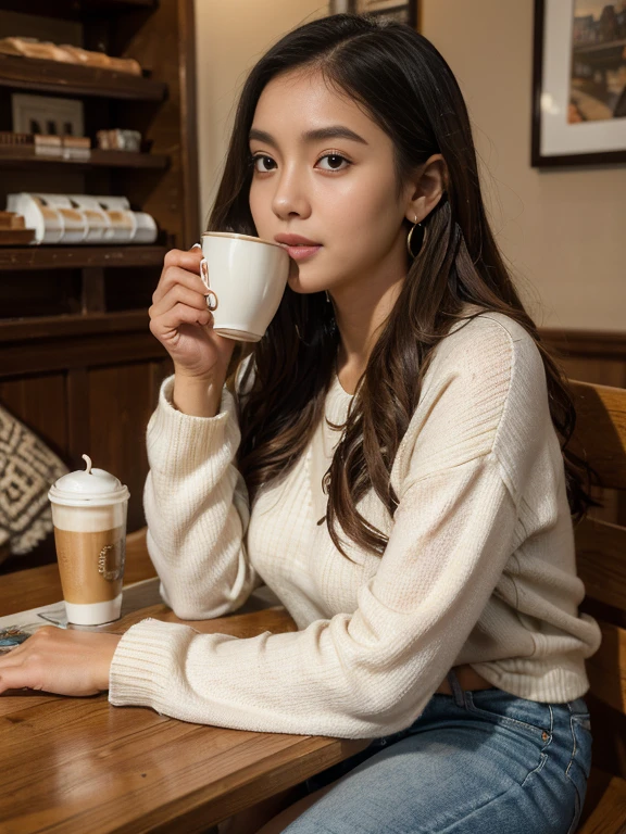 (8k, highest quality, ultra detailed:1.37), (Maria), 18yo, (a beautiful Filipino college girl), seeks artistic inspiration at a cozy coffee shop. Dressed in a comfortable Sweater and Jeans, she sips her latte while surrounded by books and art, showcasing her creative spirit. The high-resolution image captures ultra-detailed realism, highlighting Maria's captivating eyes, long eyelashes, and smooth complexion. The warm and inviting coffee shop ambiance, with dim lighting and artistic decor, adds to the cozy atmosphere, creating a visually captivating representation of creativity and relaxation.