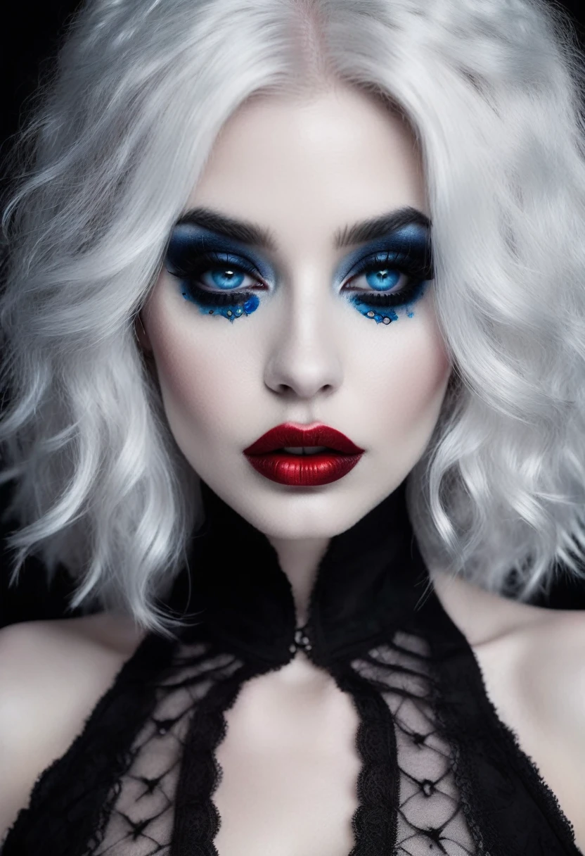 black and white photo, woman's face, white skin, black and red lips, fantastic multi-colored eyes, one blue eye and another red eye, black shadows, white hair, goth, beautiful, professional photo