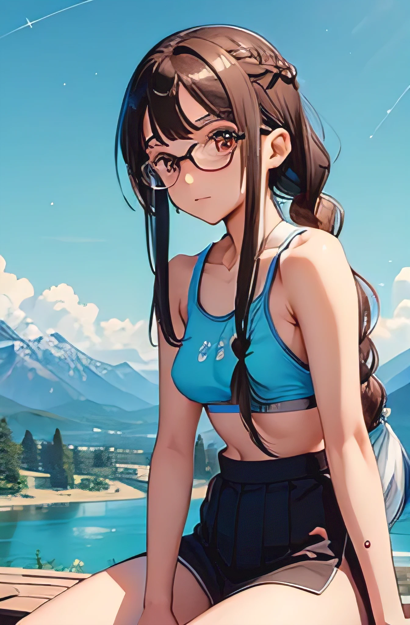((( character : ager : Tzuyu : nerd : fit body : braided hair : glasses : : sitting ))) / highest quality:1.4)、(High resolution)、(detailed background)、(detailed beautiful face:1.4)、(anatomically correct)、(detailed expression)、beautiful and smooth skin、beautiful teengirl、two beautiful girls、(Small breasts:1.3)、beautiful breasts、Cute hair color、braided ponytail、relaxed atmosphere、cowboy shot、NSFW、nipples are visible、Mountain、river、starry sky🌌