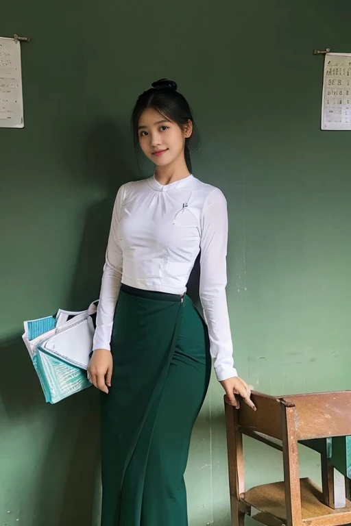 A school teacher is 30years old.Tall, thin, big hips, big breasts, black hair, small lips, brown eyes, attractive, K.Top=white Burmese blouse,With long sleeves,Buttoned at the side.Bottom=(Dark green) long skirt.
Footwear=female Burmese sandals,The hair is knotted bun.