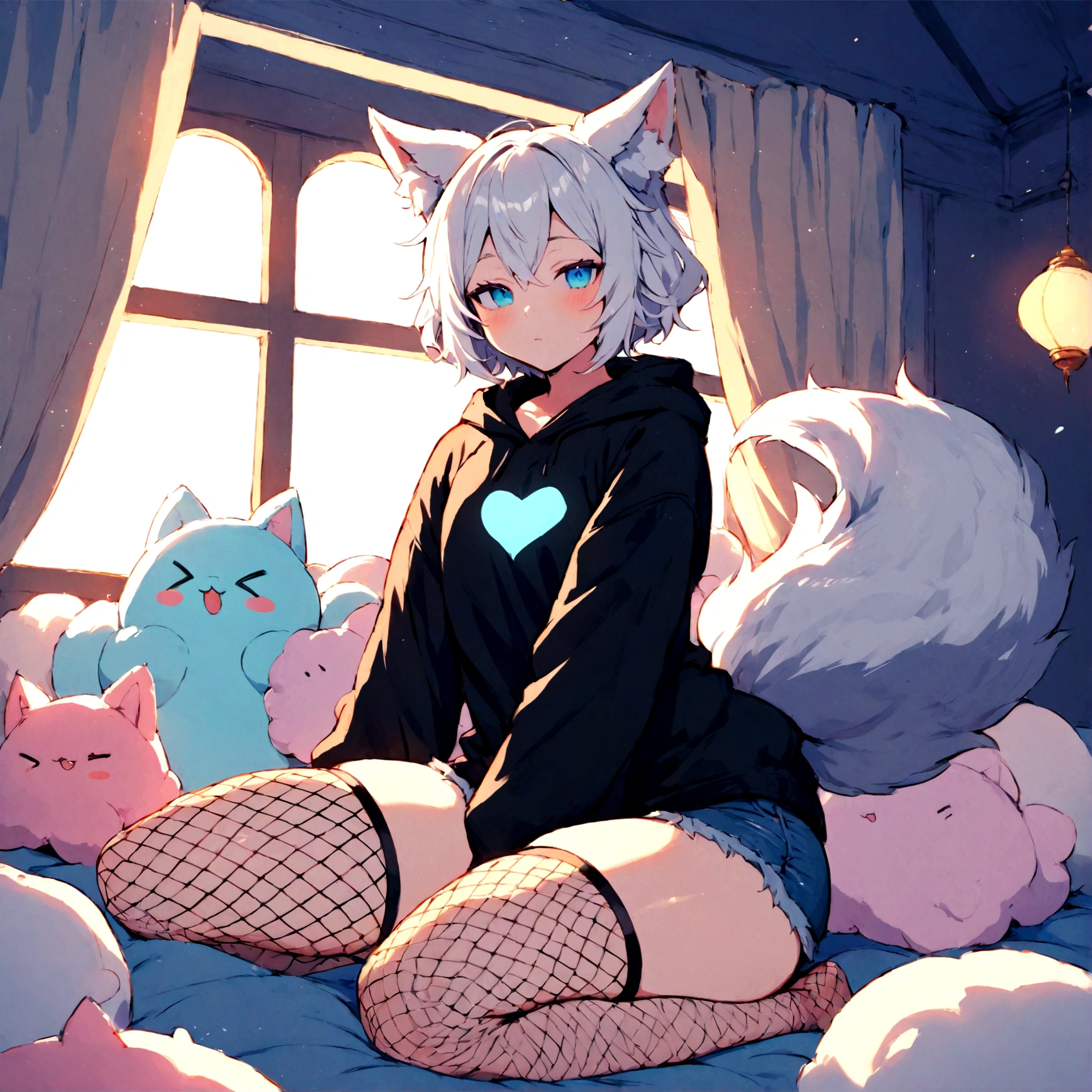 a cute adult male with wolf ears, white hair, has a wolf tail, wearing a loose cropped oversized black hoodie, wearing a pair of denim short shorts and fishnet stockings, thick thighs, wide hips, relaxing on mound of fluffy multi colored kawaii plushies, short, very slim, showing slender tummy, stretching out, heart on hoodie, squishy thighs, has glowing blue eyes. alone, solo (ALONE)(SOLO)