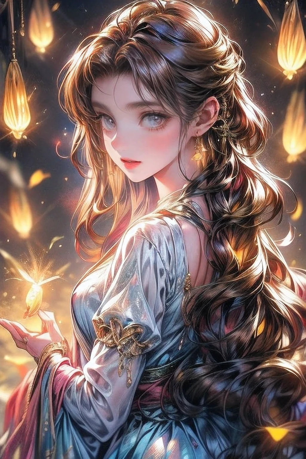 fantasic illustration, masterpiece:1.2, highest quality, highres, 16k, beautiful detailed, ultra-realistic, photo realistic:1.37, beautiful cute
firefly spirit princess, lying back in meadow lake, growing golden eyes, shining pupils, blushed cheek, shiny rosy lips, beautiful delicate(hair, face, eyes, pupils,dress), middle