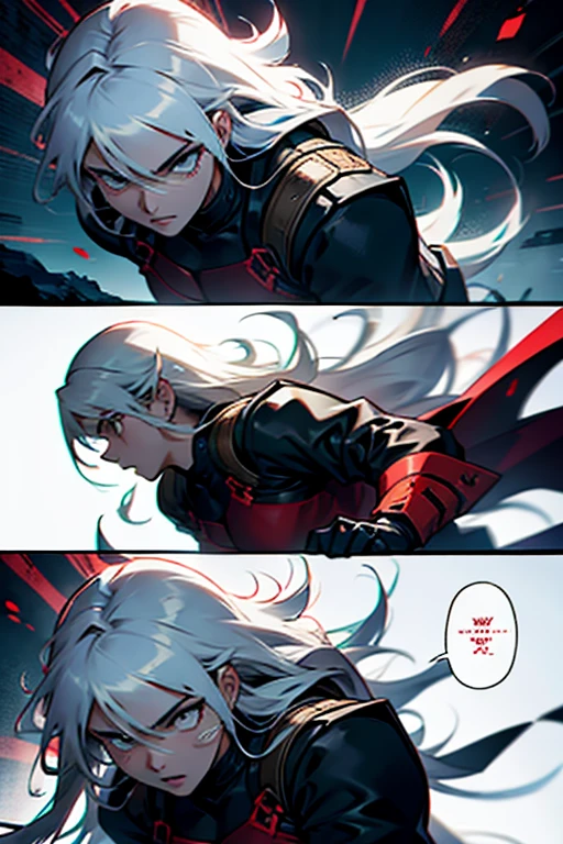 Girl with long white hair brutal fight to the deatg, intense fighting scene, manga page with panels and dialogue