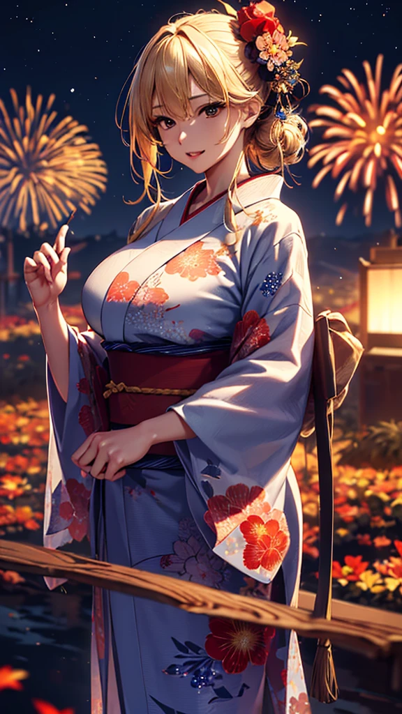 masterpiece, high quality, 4K, Beautiful design, silhouette,blonde, 非常に詳細な夜のStarry Sky,Flower Field, wonderful, Finer details, Very knowledgeable woman, Highly detailed solo, 1 female,Big Breasts,Red color yukata,Night view,Starry Sky,Fireworks in the background,