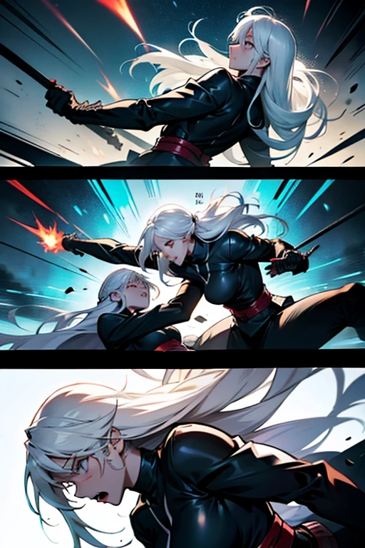 Girl with long white hair brutal fight to the death, intense fighting scene, manga page with panels and dialogue 
