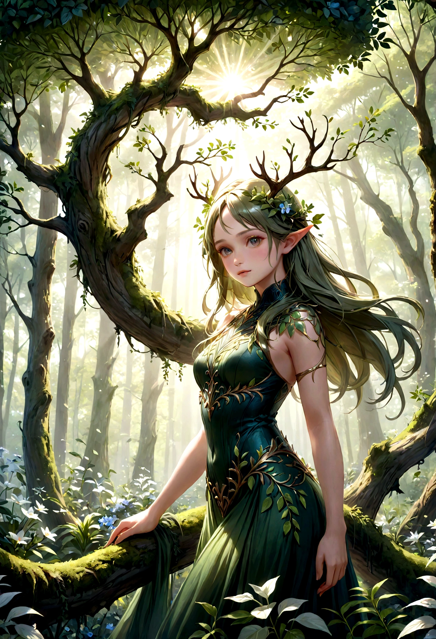 (best quality,4k,8K,high resolution,Artwork:1.2),ultra-detailed,(realistic,photorealistic,photo-realistic:1.37),forest,captivating female creature from the elemental kingdom merging with the vegetation,ethereal landscape enchanted, Lush vegetation, majestic ancient trees, magical sunlight flowing through the branches, soft and shiny moss covering the ground, Faint transparent wings, delicate flowers blooming around you, mesmerizing eyes that emit a soft glow, serene expression, graceful pose, artistic interpretation, subtle color palette, mystical atmosphere, playful and whimsical elements, mesmerizing presence, harmonious blend of the Dryad with its surroundings, immersive fantasy feeling, natural and realistic lighting