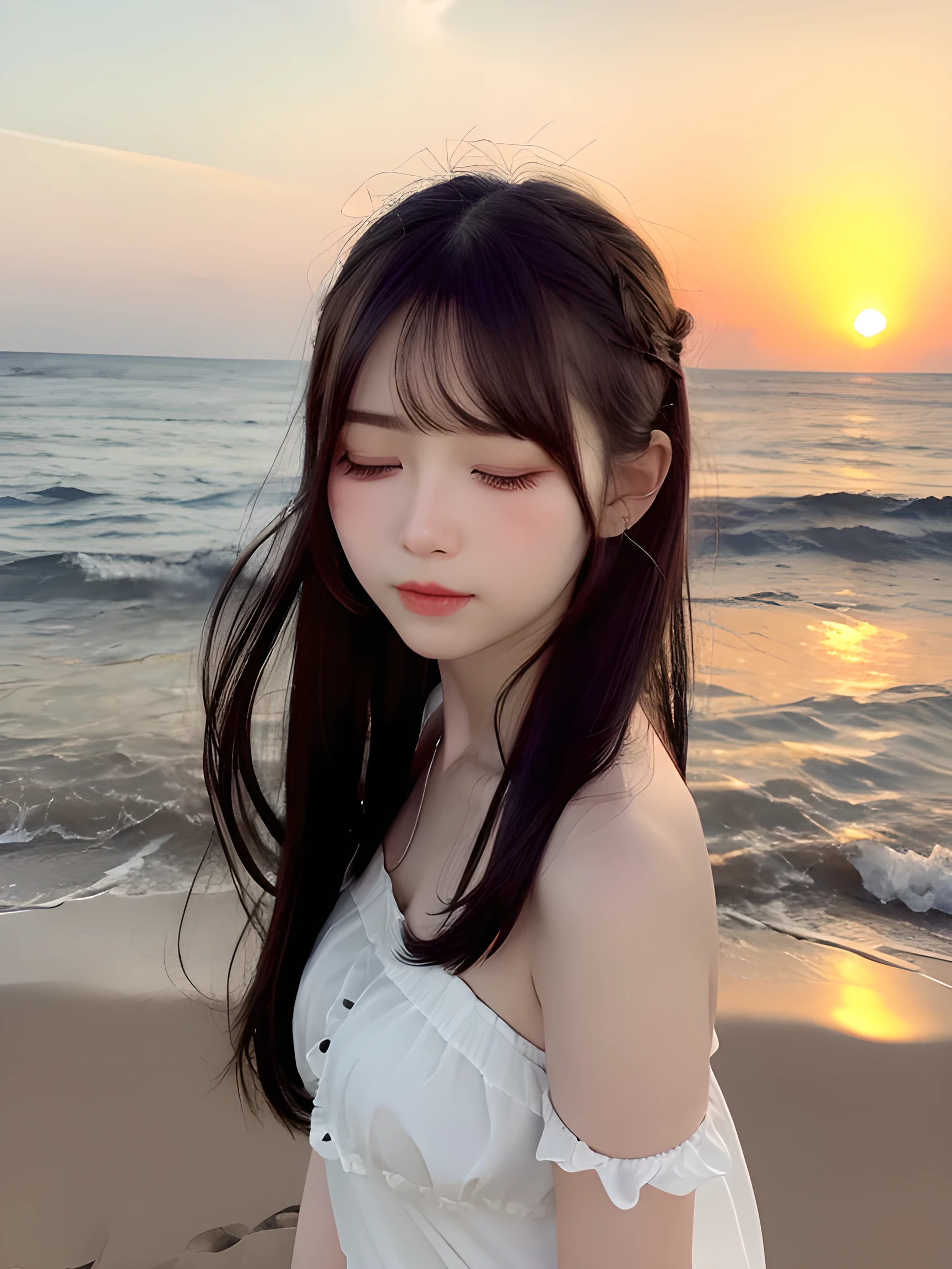 highest quality、Ultra-high resolution、1 daughter、Extremely clear and detailed skin、Detailed face、Detailed eyes、LOL、One eye closed、Long Hair、Black Hair、Hair tucked behind ear、Realistic、Horizon Sea、sunset、Sunset light、Professional Lighting、Playing on the sandy beach、