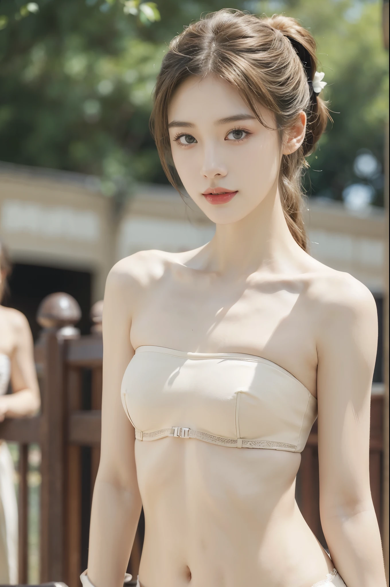 (Extremely meticulous CG),(((8k))),wallpaper,((Extremely refined and beautiful)),(((Masterpiece))),(((best qualtiy))),(((Ultra High Resolution))),beautiful light up,realistic shaded,(Smooth and flawless fair skin:1.5),(Extremely exquisite facial details:1.2),(ultra-detailed:1.5),((a beautiful girl,solo)),(short ponytail:1.2),(small head:1.2),(slender face:1.2),(Exquisite makeup:1.3),(happy:1.2),(laughing:1.2),(perfect body:1.1),(strapless beige bra:1.3),(small breasts:1.2),(flat chest:1.2),((slim,thin)),(from front:1.3),(standing:1.3),(at the schoolgate:1.3),(outdoor:1.2),(early summer:1.3),(day scene:1.5),(Sunny:1.3),(surrounded by crowded crowds:1.3),(close-up of face:1.3),