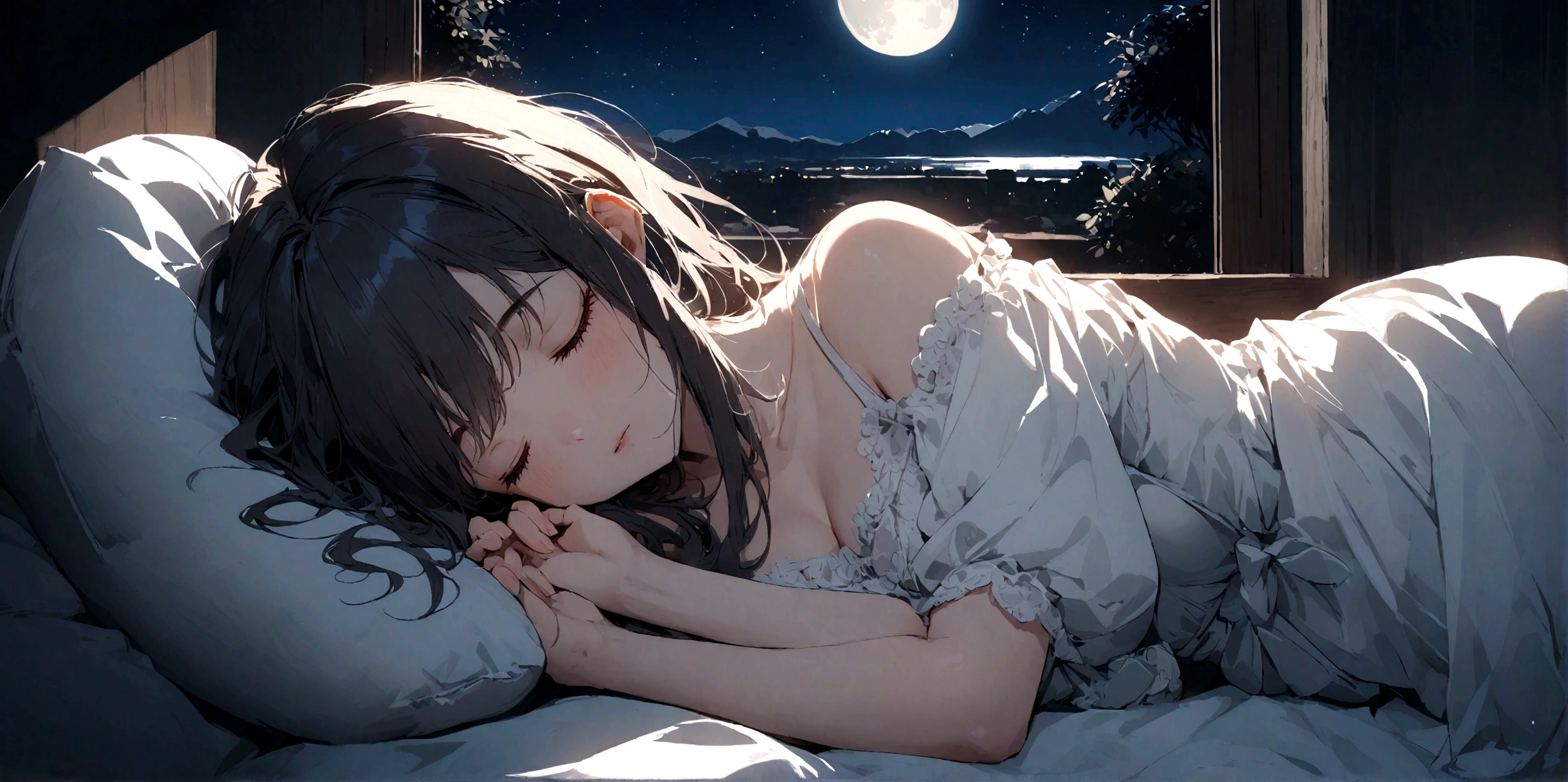Beautiful woman sleeping on a pillow ,A window with a beautiful view, Night Sky, star, full moon.