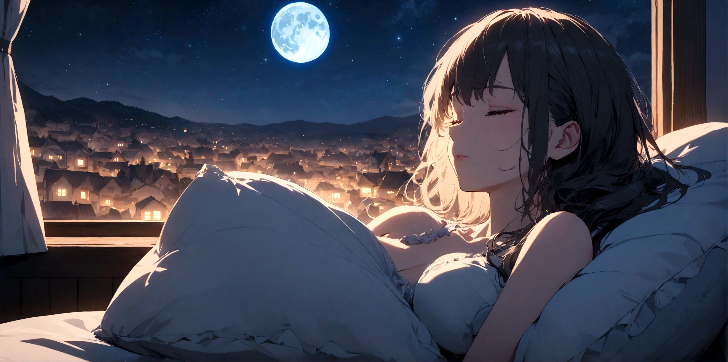 Beautiful woman sleeping on a pillow ,A window with a beautiful view, Night Sky, star, full moon.