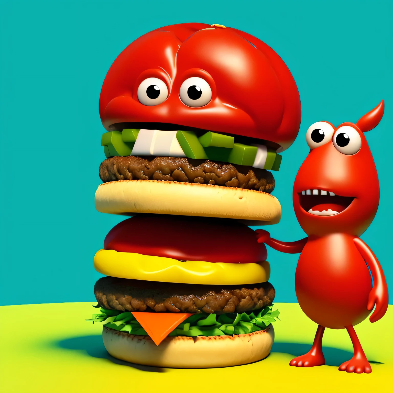 A cute hamburger monster with a big bun and juicy meat patty, grinning widely, in the style of Pixar animation. This playful scene showcases the monster enjoying a delicious burger. --ar 1:1 --v 6.0 3D render
