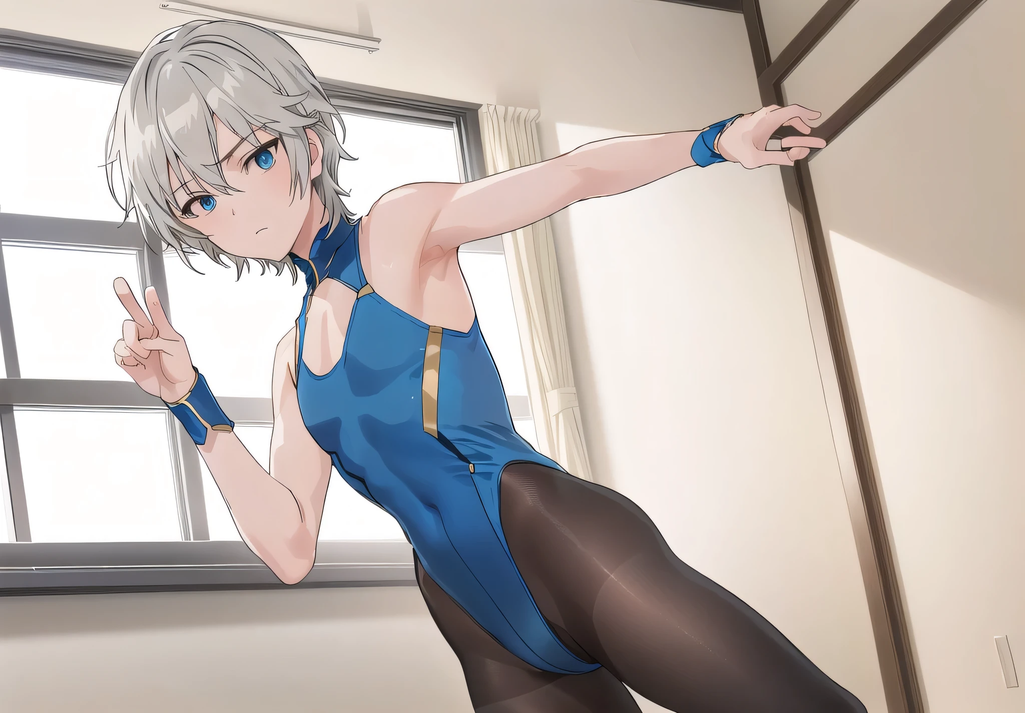 Boy wearing leotard、Anastasia as a boy、1 boy、solo、Silver Hair、Short Hair、Blue Eyes、frantic dancing ポーズ、(leotard)anime pose、Undecorated leotard、He is dancing. Realistic、((Blue leotard))、as though He is dancing、leotard top with an tank top、leotard bottom with an highleg、dynamic dancing ポーズ、((Brown pantyhose)) 、looking at viewer、Cowboy Shot、Male focus、Indoors、window、handsome atmosphere、masculine atmosphere、(male body:1.3)、leotard and panty hose only、crossdressing、