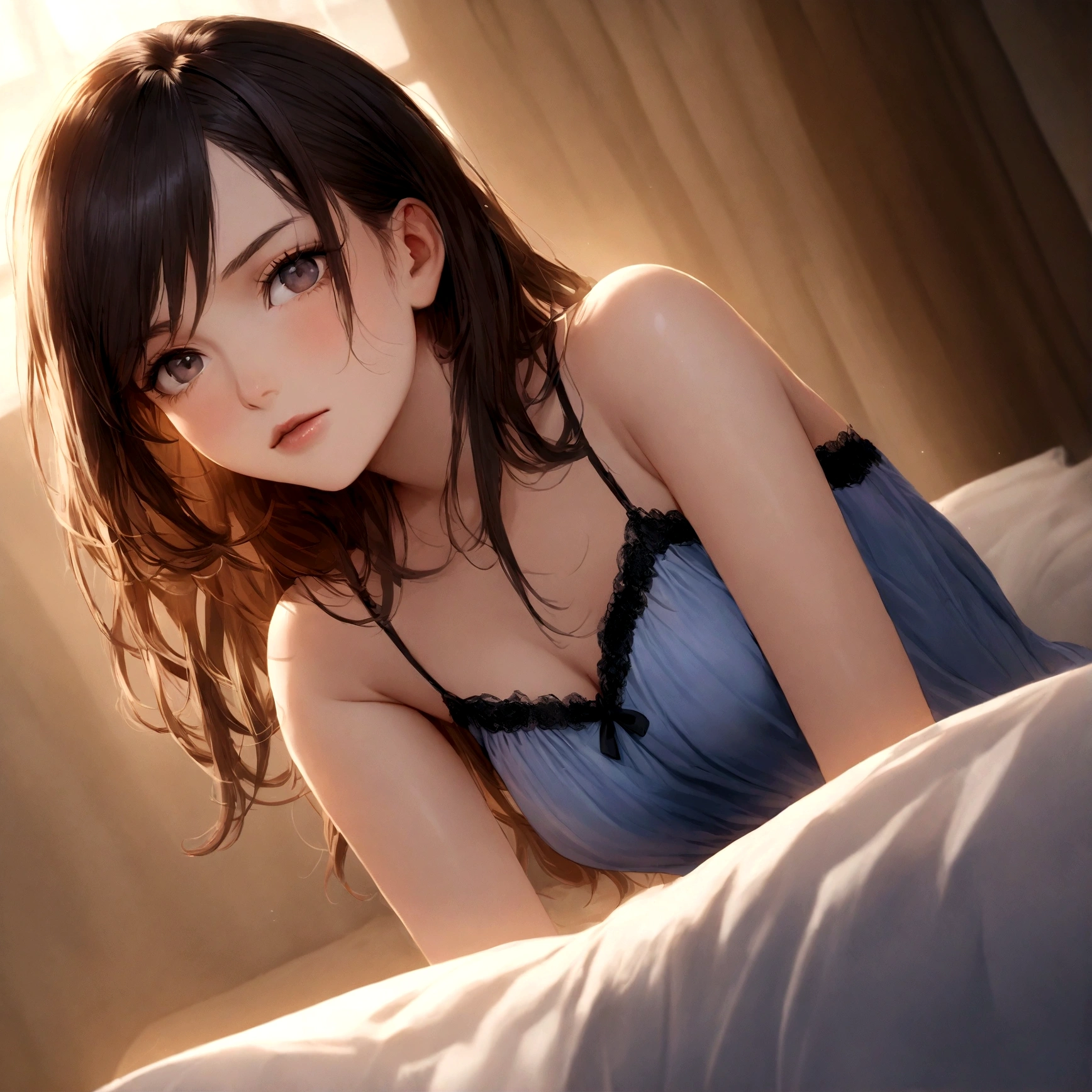 A photorealistic portrait of a 21-year-old italia girl with long, flowing dark hair and striking dark eyes. She should have a natural, approachable expression and be illuminated by soft, golden-hour sunlight. The background should be sitting on her bed in a nightie. Capture this image with a high-resolution photograph using an 85mm lens for a flattering perspective.