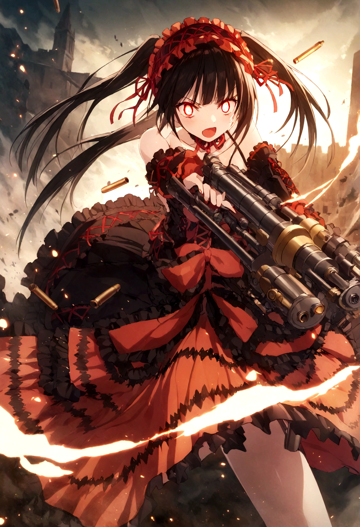 crazy, devil eyes, Tokisaki Kurumi, holding (Gatling Gun ), bullets