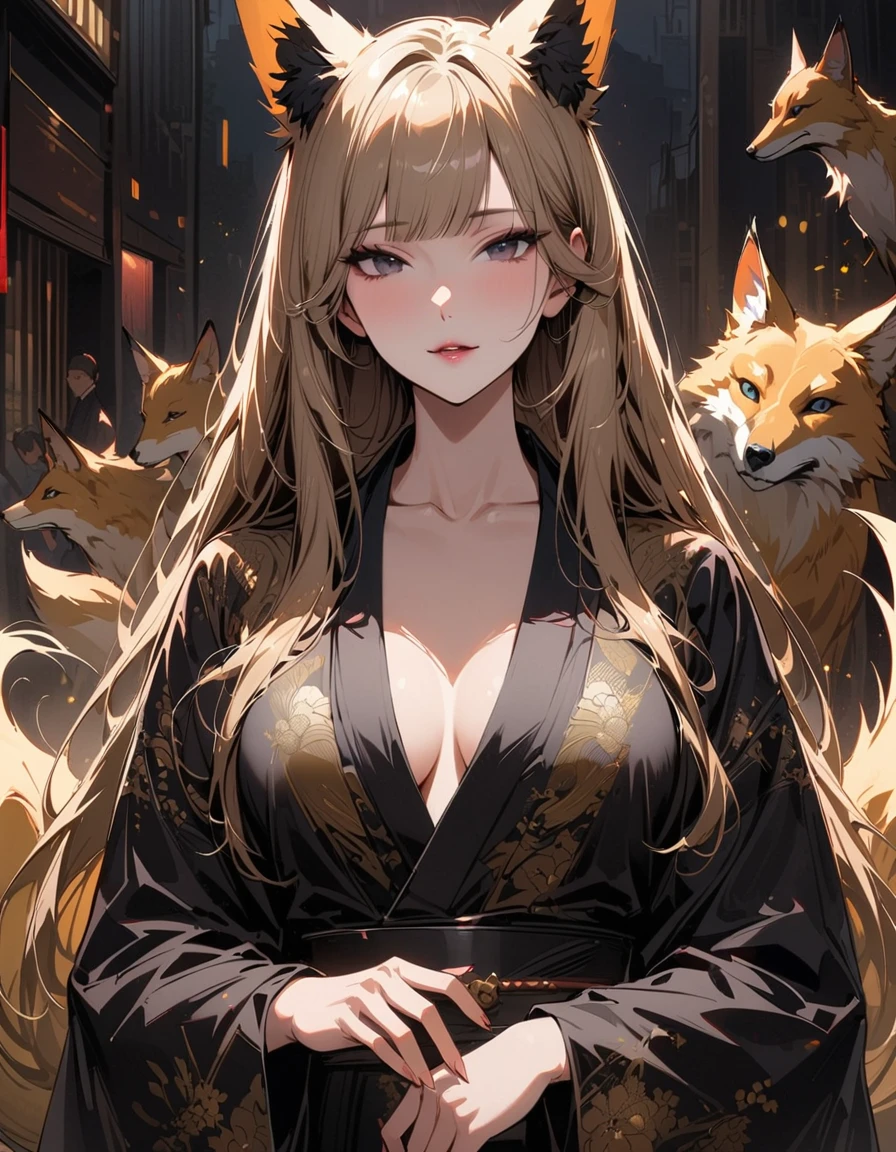 Masterpiece, ultra detail, super detail, very detailed, ultra detailed, one, (1 female fox), Japanese, She is in a detailed short golden yukata and in an elegant pose, super mature, tall, mom, mature mother, super long hair, straight hair, gold hair and straight bangs, gold fox ears, gold nine fox tails, beautiful, charming, super black eyes, hot look, elegant, little breasts, mall breasts, neutral face, calm atmosphere, she is against the background of Japanese themes.