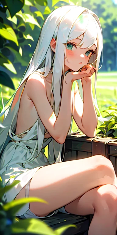 (masterpiece, best quality),1girl with long white hair sitting in a field of green plants and flowers, her hand under her chin, warm lighting, white dress, blurry foreground (topless) (tiny shorts)