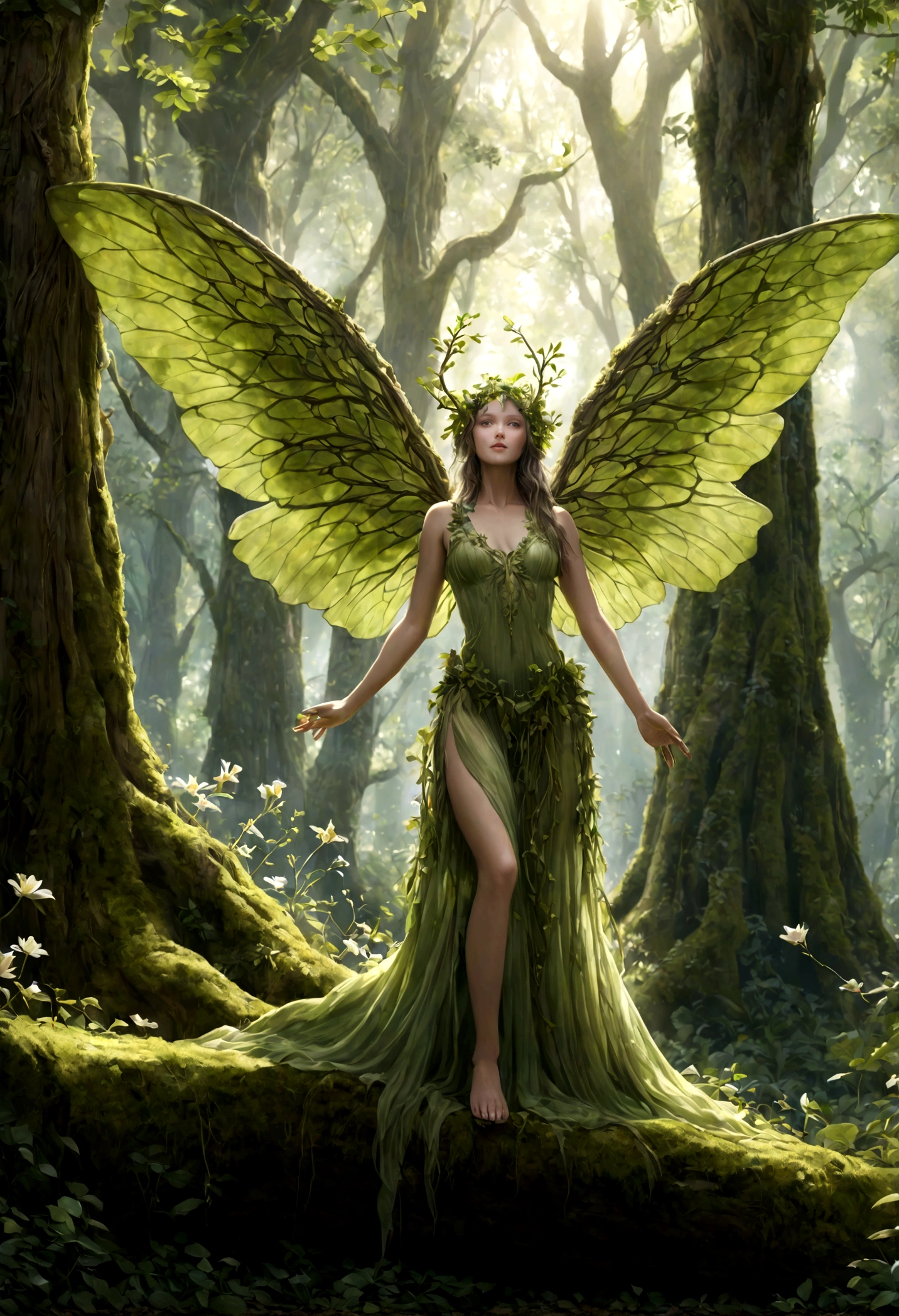 (best quality,4k,8K,high resolution,Artwork:1.2),ultra-detailed,(realistic,photorealistic,photo-realistic:1.37),forest,captivating female creature from the elemental kingdom merging with the vegetation,ethereal landscape enchanted, Lush vegetation, majestic ancient trees, magical sunlight flowing through the branches, soft and shiny moss covering the ground, Faint transparent wings, delicate flowers blooming around you, mesmerizing eyes that emit a soft glow, serene expression, graceful pose, artistic interpretation, subtle color palette, mystical atmosphere, playful and whimsical elements, mesmerizing presence, harmonious blend of the Dryad with its surroundings, immersive fantasy feeling, natural and realistic lighting