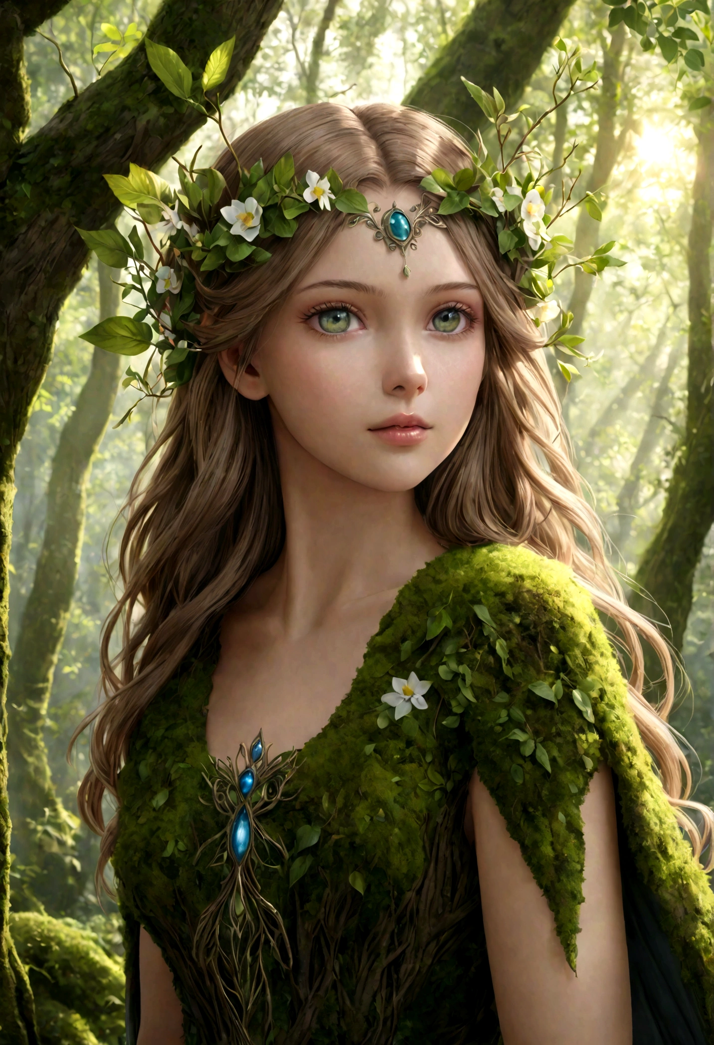 (best quality,4k,8K,high resolution,Artwork:1.2),ultra-detailed,(realistic,photorealistic,photo-realistic:1.37),forest,captivating female creature from the elemental kingdom merging with the vegetation,ethereal landscape enchanted, Lush vegetation, majestic ancient trees, magical sunlight flowing through the branches, soft and shiny moss covering the ground, Faint transparent wings, delicate flowers blooming around you, mesmerizing eyes that emit a soft glow, serene expression, graceful pose, artistic interpretation, subtle color palette, mystical atmosphere, playful and whimsical elements, mesmerizing presence, harmonious blend of the Dryad with its surroundings, immersive fantasy feeling, natural and realistic lighting