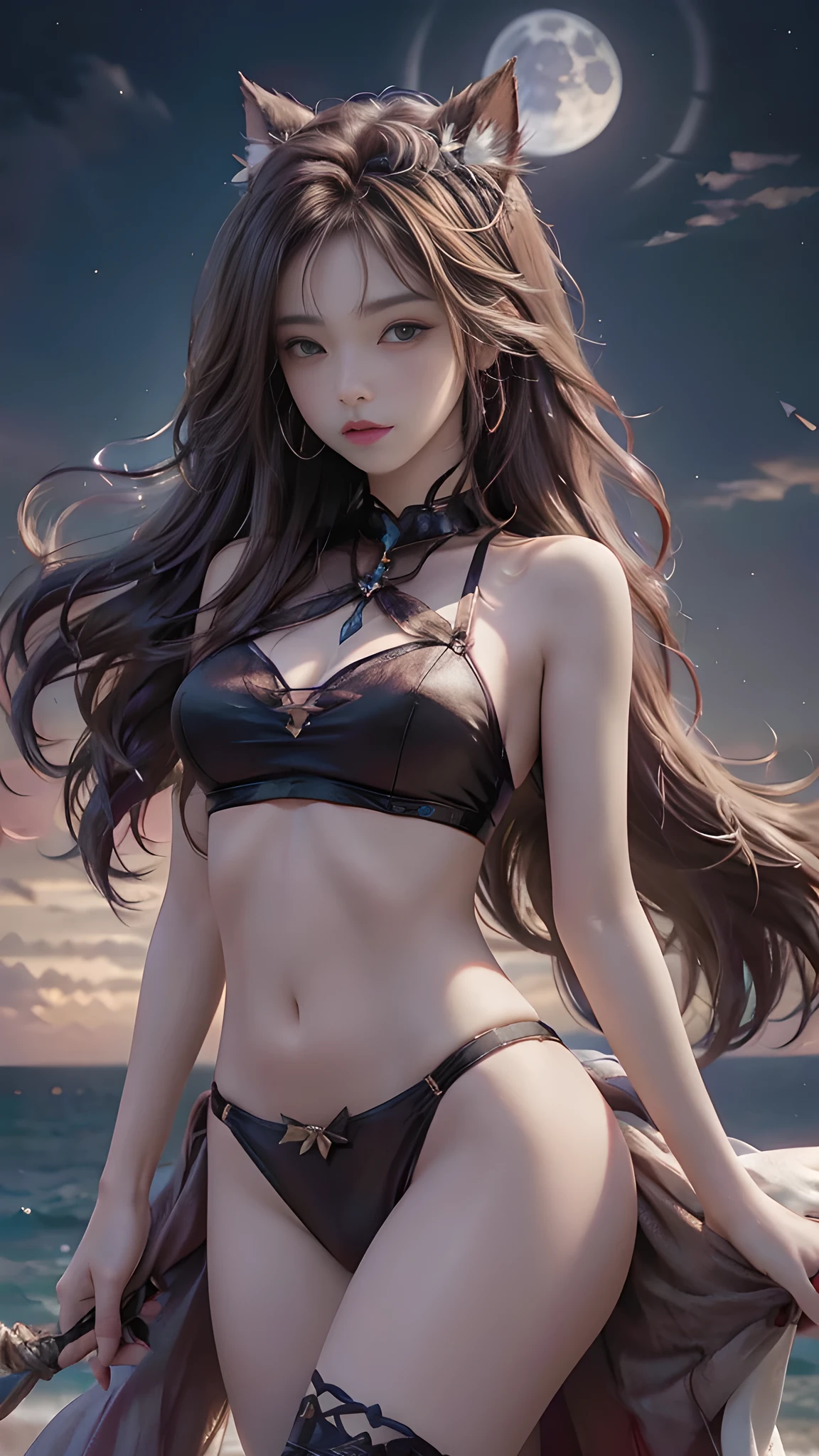 full hd 8k, Girl standing in front of a dark night scene, full moonlight reflecting on her beautiful face. Her long, silky hair was gently blown by the night wind, creating a gentle and romantic feeling. She is walking on a large beach. She looked up at the starry sky, as if searching for something, her eyes showing a pensive and lonely look. The full moon shines in the night sky creating a beautiful scene. The girl has long, silky hair, creating a luxurious and noble beauty. The moonlight shines on the girl's delicate face, highlighting her large, round light brown eyes, creating a natural, gentle beauty. She wore a little sexyly red bikini to create a sexy beauty. Her plumble breasts were exposed, revealing her plumble and extremely sexy breasts. These images capture detailed panoramic portraits and views of the sky and sea. All create a beautiful, wonderful picture that makes people unable to take their eyes off the scene. All of these details are depicted clearly and sharply, creating sexyly poses,