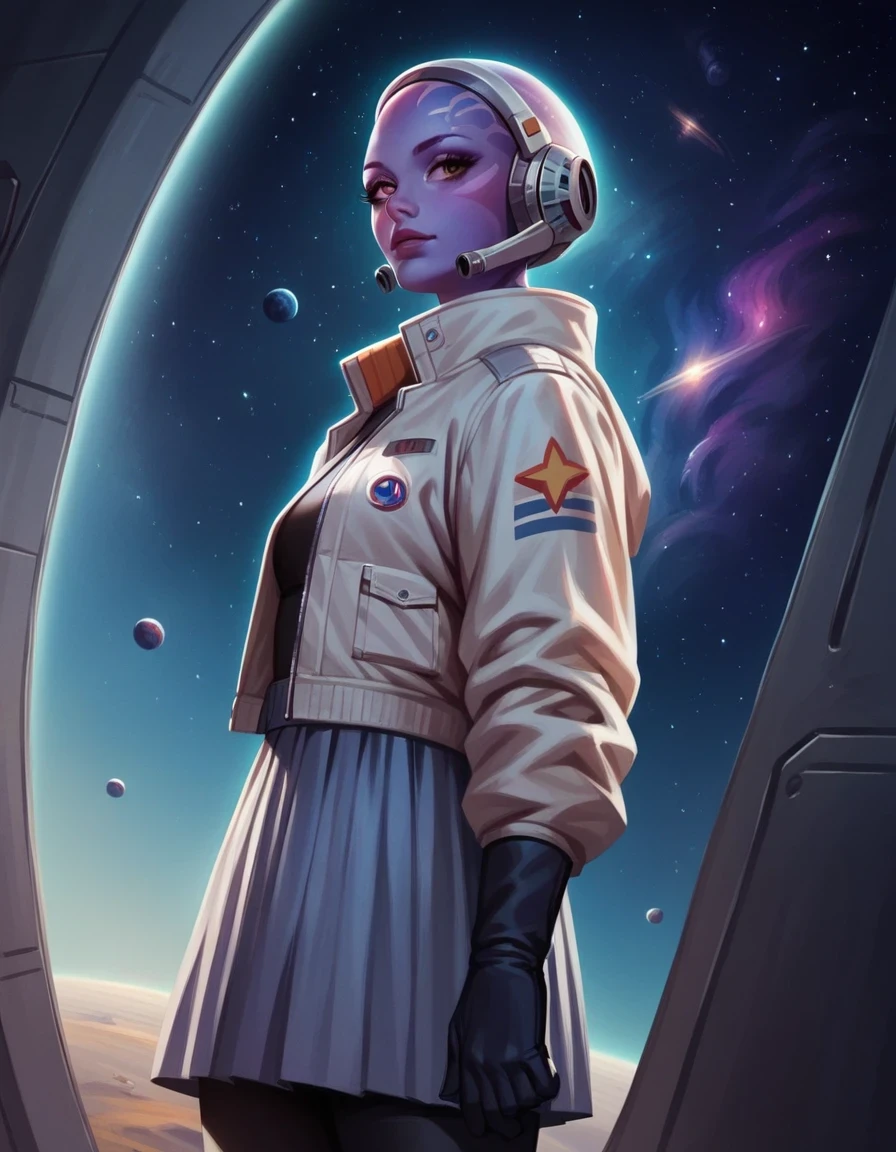 score_9, score_8_up, score_7_up, score_6_up, rating_safe, 0ut3rsp4c3, star (sky), 1girl, alien, space jacket, space suit skirt, shot from top, face focus, beautiful and delicate face