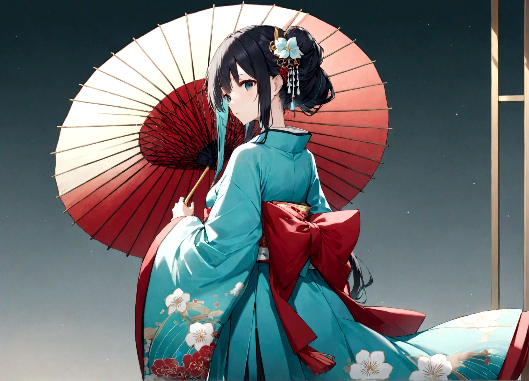 A woman in a blue kimono holding a parasol。Heian period。Red Umbrella。Standing with your back turned。Angle from the back。Hatsune Miku with black hair。