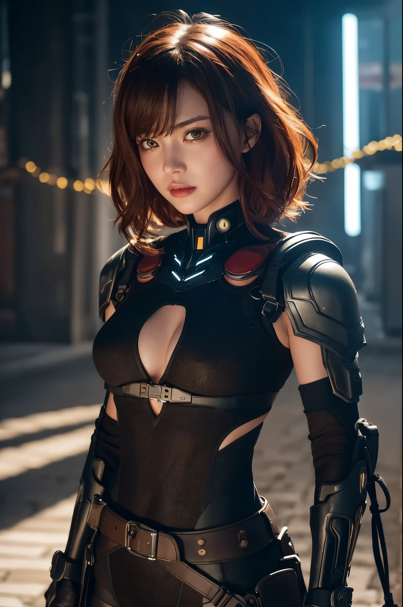 8k,Highly detailed illustration, Ultra-high resolution, masterpiece, highest quality, Perfect glowing skin, Perfect lighting, Detailed lighting, Dramatic Shadows, Ray Tracing, Beautiful Caucasian Woman, Looking at the audience, Small breasts, Beautifully detailed hazel eyes, Sharp Face, Clear Eyes, Red lips, Long bangs, Short Curly Hair, Red hair, ((Cyberpunk Dark City)), Upper Body, Combat Uniform, Military Harness,masterpiece,highest qualityのフォトリアリスティックなRAW写真。Bright colors,Rich colors, Backlight, Cinema Lighting, Film Grain, to be born, 50mm lens, Nikon D850,Detailed character art,Fantasy art,Ultra-high resolution,Ultra-Realistic Skin,Perfect hand shape,Mountain trail,Sharp Eyes,Holding a weapon(Combat knife),