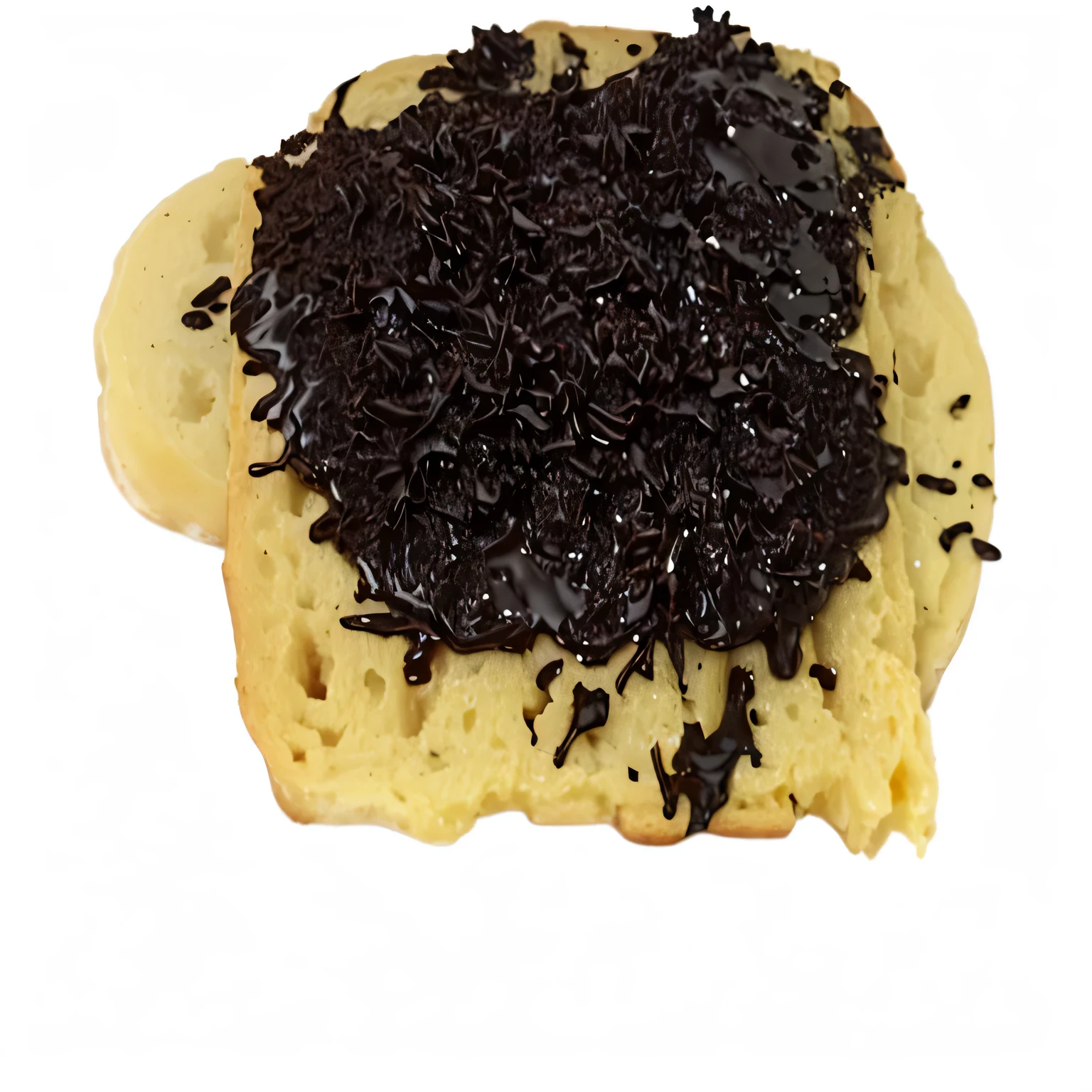 there is a piece of bread with chocolate sprinkles on it, splattered tar, luscious with sesame seeds, smothered in melted chocolate, chocolate frosting, dripping tar, highly detailed melted wax, brittle. highly detailed, licorice allsort filling, black goo, gooey, full of tar, edited, deconstructed waffle, sticky black goo, melted wax
