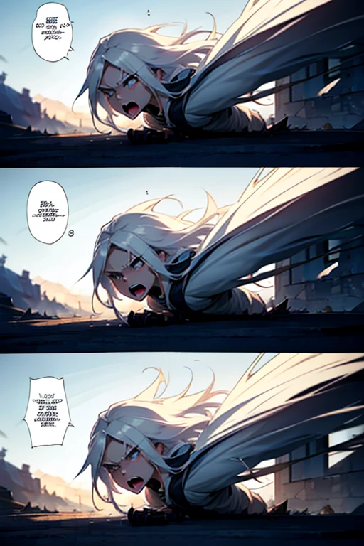 Girl with long white hair laying on the ground defeated getting extremely angry and screaming, intense fighting scene and expressions, manga page with panels and dialogue 