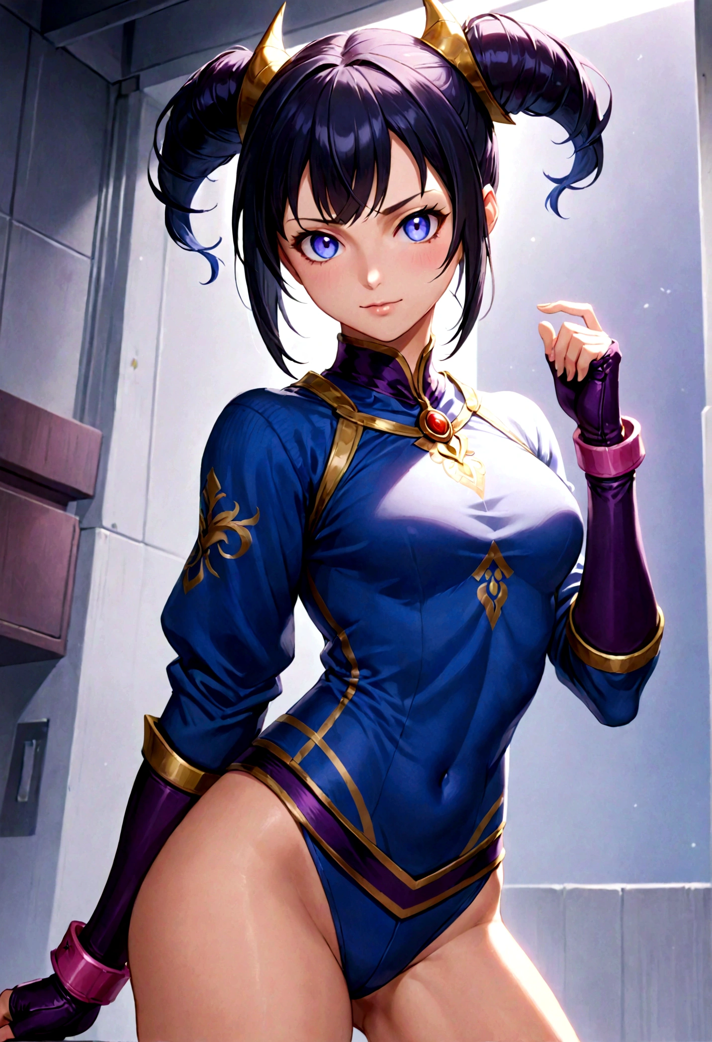 Juri Han,,visto de cima,olhando de cima,olhando para cima,melhor qualidade,roupa azul,chun-li,Sozinho, Obra de arte, melhor qualidade, agrias, gray sweater, collant preto, standing, olhando para o espectador, cabelo curto,os olhos,evil smile, olhar maligno,luvas preta,roupa azul,yandere rosto,poor lighting,coxa sarada copo detalhado,olhando para frente Juri Han,bela,mao detalhada