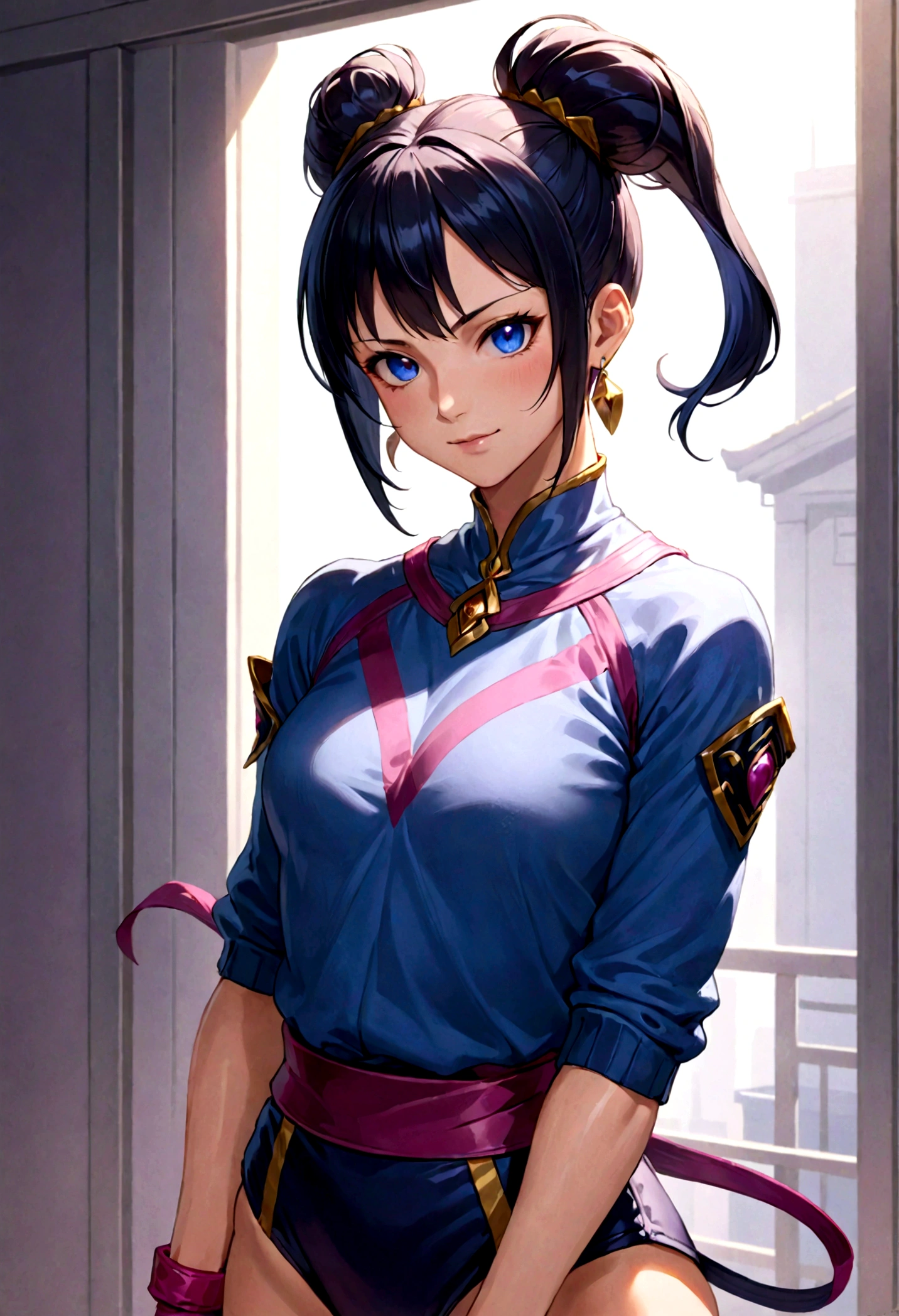 Juri Han,,visto de cima,olhando de cima,olhando para cima,melhor qualidade,roupa azul,chun-li,Sozinho, Obra de arte, melhor qualidade, agrias, gray sweater, collant preto, standing, olhando para o espectador, cabelo curto,os olhos,evil smile, olhar maligno,luvas preta,roupa azul,yandere rosto,poor lighting,coxa sarada copo detalhado,olhando para frente Juri Han,bela,mao detalhada
