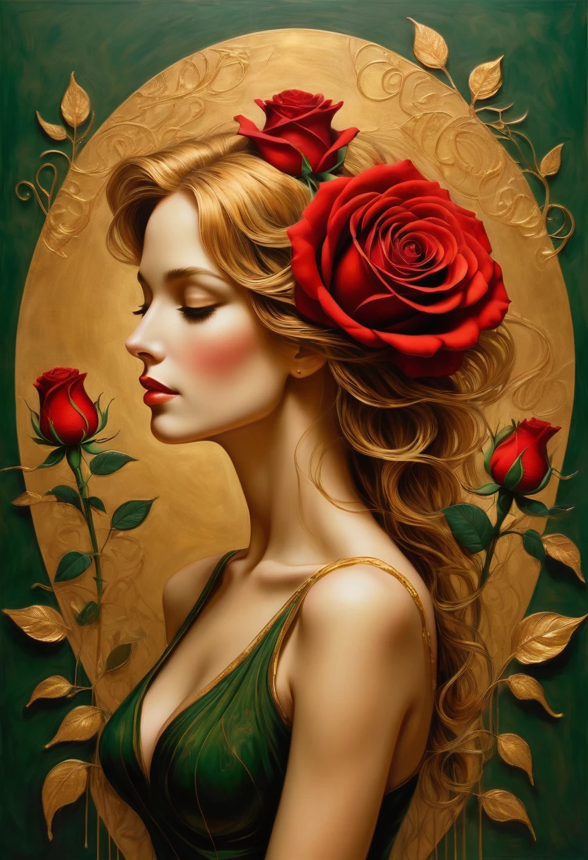 A captivating and enchanting piece of artwork portrays a graceful female silhouette illuminated in warm, golden hues. The subject tenderly holds a dramatic red rose, intricately designed with golden outlines that accentuate the delicate beauty. The deep green background, reminiscent of a wooden surface, adds depth and contrast to the piece. This masterful creation is a breathtaking embodiment of the love for art and the transformative power of creative expression.