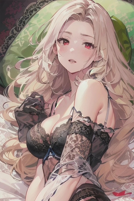 (masterpiece、Ultra-high resolution、16k 、High quality illustrations)、(Tall beautiful woman:2)、(Very small face:2)、(Big Breasts:2)、(Slender body:2)、(Beautiful body lines:2)、(Shining blonde:2 )、(Beautiful red eyes:2)、Straight Long Hair、(Black sexy bra:2)、(Black lace panties:2)、(Lying on the bed:2)、blush、(Beautiful Face:2)、(Thigh to head:2)