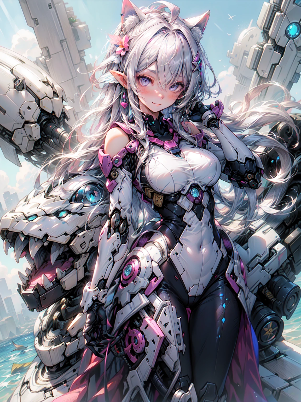 masterpiece，Highest quality，Super detailed，daughter，Blue eyes with red flames（1.3），Beautiful Face,Beautiful Eyes，Hand-held flame（1.3）Dark red sword，（Translucent body，Reflective skin），(((masterpiece))), (((Highest quality))), ((Super detailed)), (figure), (Detailed light), ((Very delicate and beautiful))，The surface of the mechanism is smooth， (Highly detailed skin:1.2)，Proper body balance、Perfect Anatomy，Complex Mechanical Body Suit、Mecha Corset、Tight Suit，（The mechanism is slightly transparent）20-year-old，The mech is ready，There are many blue flames around the figure（1.3）、Blake、（Dark Elf), (1 Girl), alone, Perfect Face, Get used to it, Ahoge, ((Long Hair:1.2)), [[Messy Hair]], 光沢のあるPurple Hair, Purple eyes, Variegated eyes, Purple Hair, Shining Eyes, (eyelash, eye shadow, purple eye shadow), bright, smile, Design Art：haruhiko mikimoto, by Kawashi, By Yoshitaka Amano