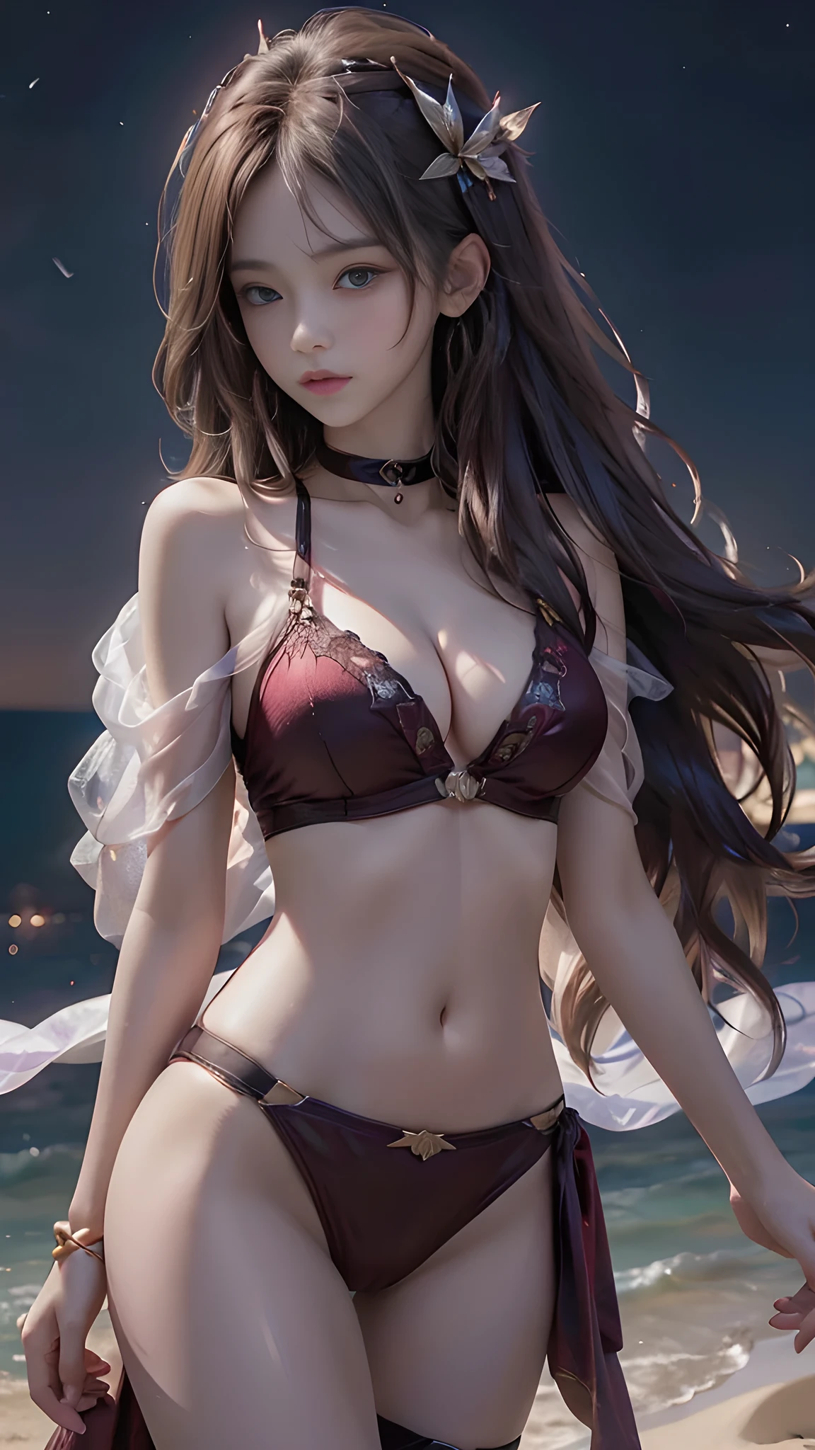 full hd 8k, Girl standing in front of a dark night scene, full moonlight reflecting on her beautiful face. Her long, silky hair was gently blown by the night wind, creating a gentle and romantic feeling. She is walking on a large beach. She looked up at the starry sky, as if searching for something, her eyes showing a pensive and lonely look. The full moon shines in the night sky creating a beautiful scene. The girl has long, silky hair, creating a luxurious and noble beauty. The moonlight shines on the girl's delicate face, highlighting her large, round light brown eyes, creating a natural, gentle beauty. She wore a little sexyly red bikini to create a sexy beauty. Her plumble breasts were exposed, revealing her plumble and extremely sexy breasts. These images capture detailed panoramic portraits and views of the sky and sea. All create a beautiful, wonderful picture that makes people unable to take their eyes off the scene. All of these details are depicted clearly and sharply, creating sexyly poses,