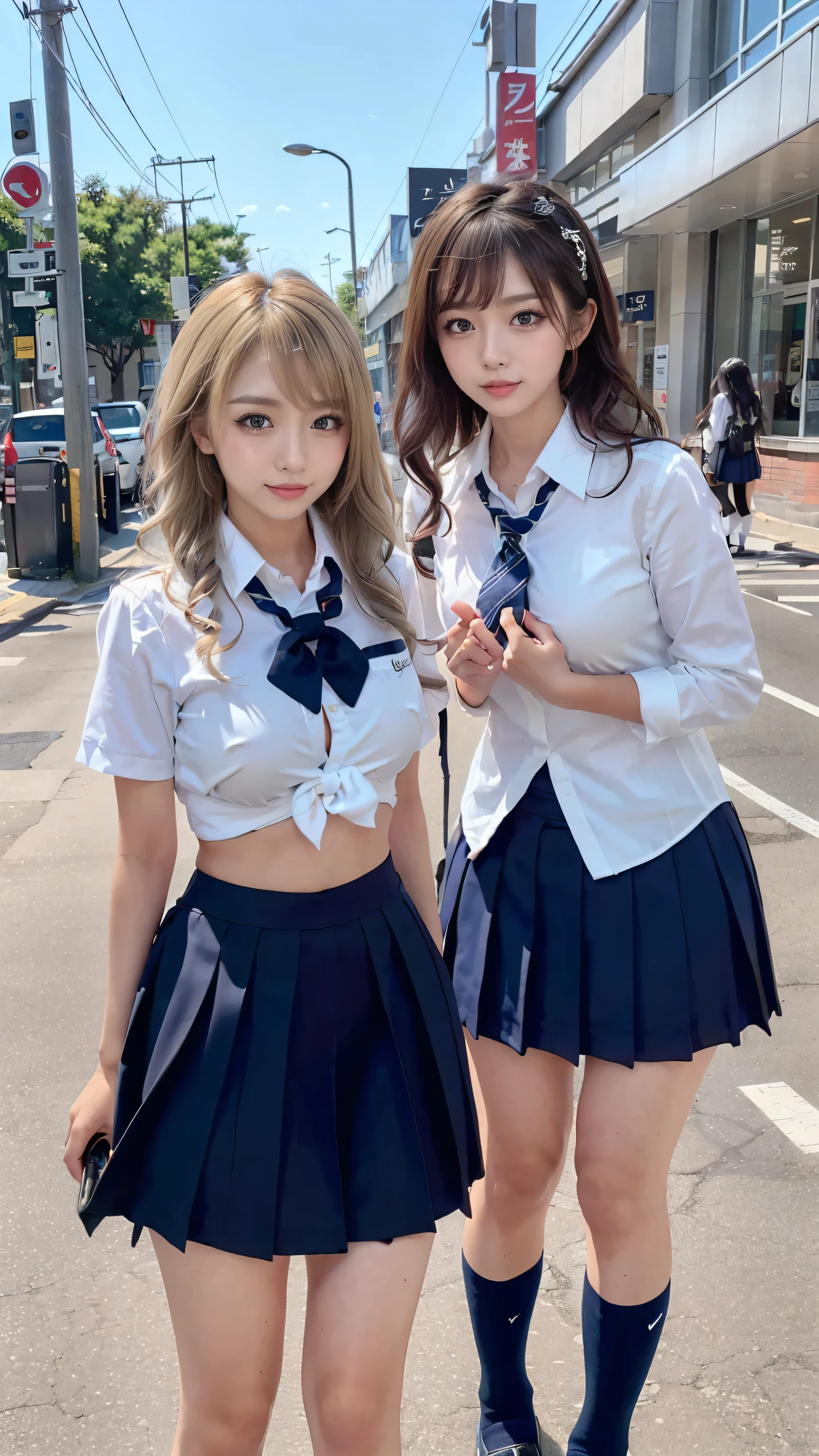 (scene; (2 people:1.8)), Gal, (Shopping mall, Shopping Street, street), (High school girls 2 people), (Standing facing this way, gal pose), (Thin thighs, Long, slender limbs), ((Highly detailed skin), Beautiful realistic face, White skin, Pointed Chest, Perfect Anatomy, Realistic eyes, Natural Eyes, Brown Eyes, Accurate eye focus, Accurate limbs), (Hyper Realist, Ultra-realistic, 4k, Attention to detail, Ultra-high resolution, highest quality, masterpiece, Presence, dynamic, Uplifting, bold, Sharpness), (Huge breasts:1.5), (Cleavage:1.5), The bra is see-through, (Japanese School Uniform:1.5), Small waist, (Blonde long hair:1.5), (Wavy long hair:1.5), (Curly Hair:1.5), (sleek bangs), (Twin tail hair), (White collared shirt, Pleated mini skirt, Navy colored socks, Black loafers, Ribbon tie),  in uniform, Surreal school girl, High waist pleated mini skirt, tall, (Full body photo, Full body image, Full body portrait),  in uniform, smile, (Two cute girls standing:1.8),