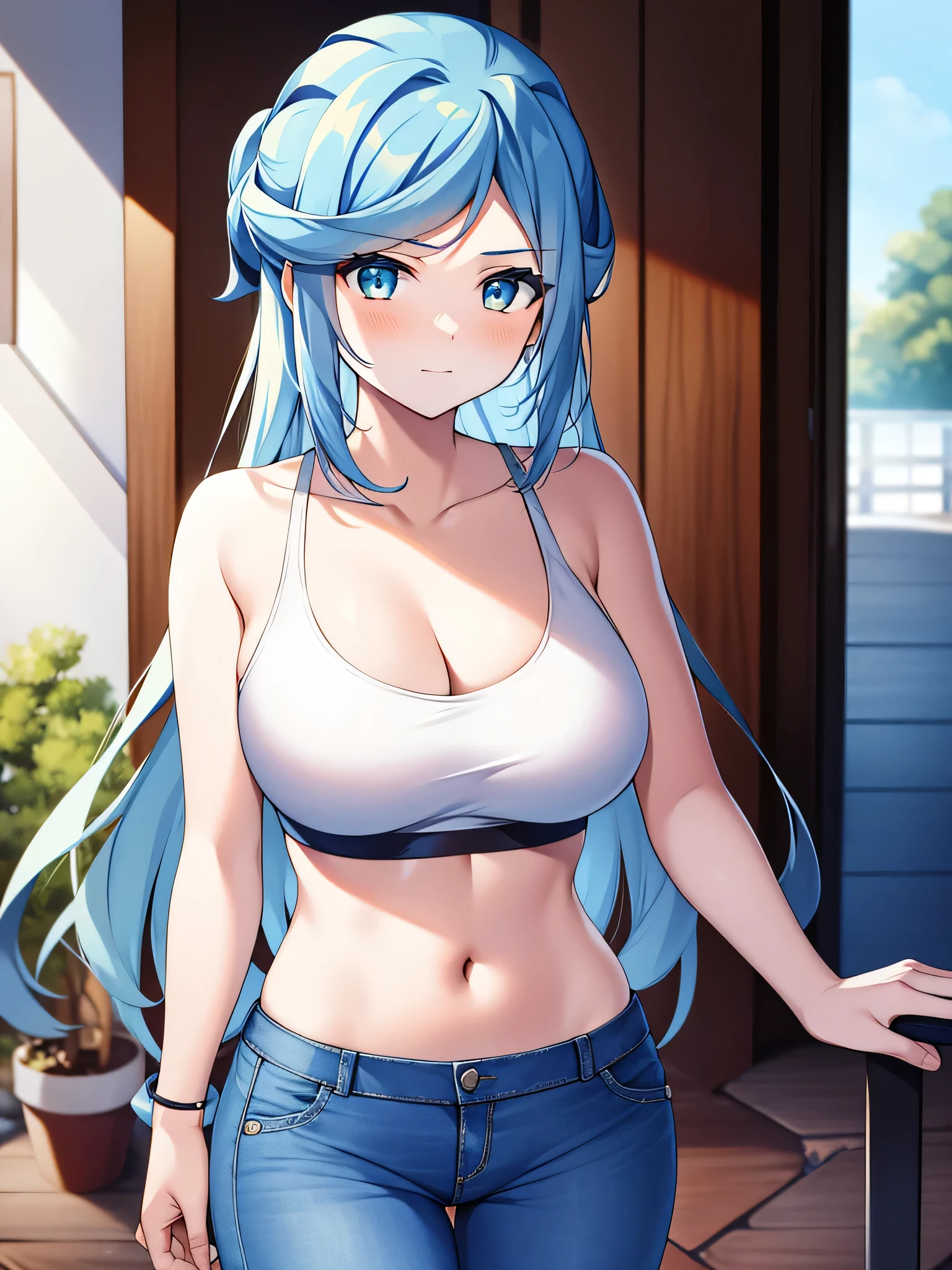 masterpiece、highest quality、High resolution、Gym、グルーシャ as a woman、solo、1 female、Big Breasts、A woman with very large breasts、Her hairstyle is long、Light blue, Half Up, There is a green gradient.、Light blueのスポーツブラ、Jeans pants、sports bra with an light blue、sports bra and jeans pants only、Are standing、looking at viewer、Cowboy Shot、(female body:1.3)、