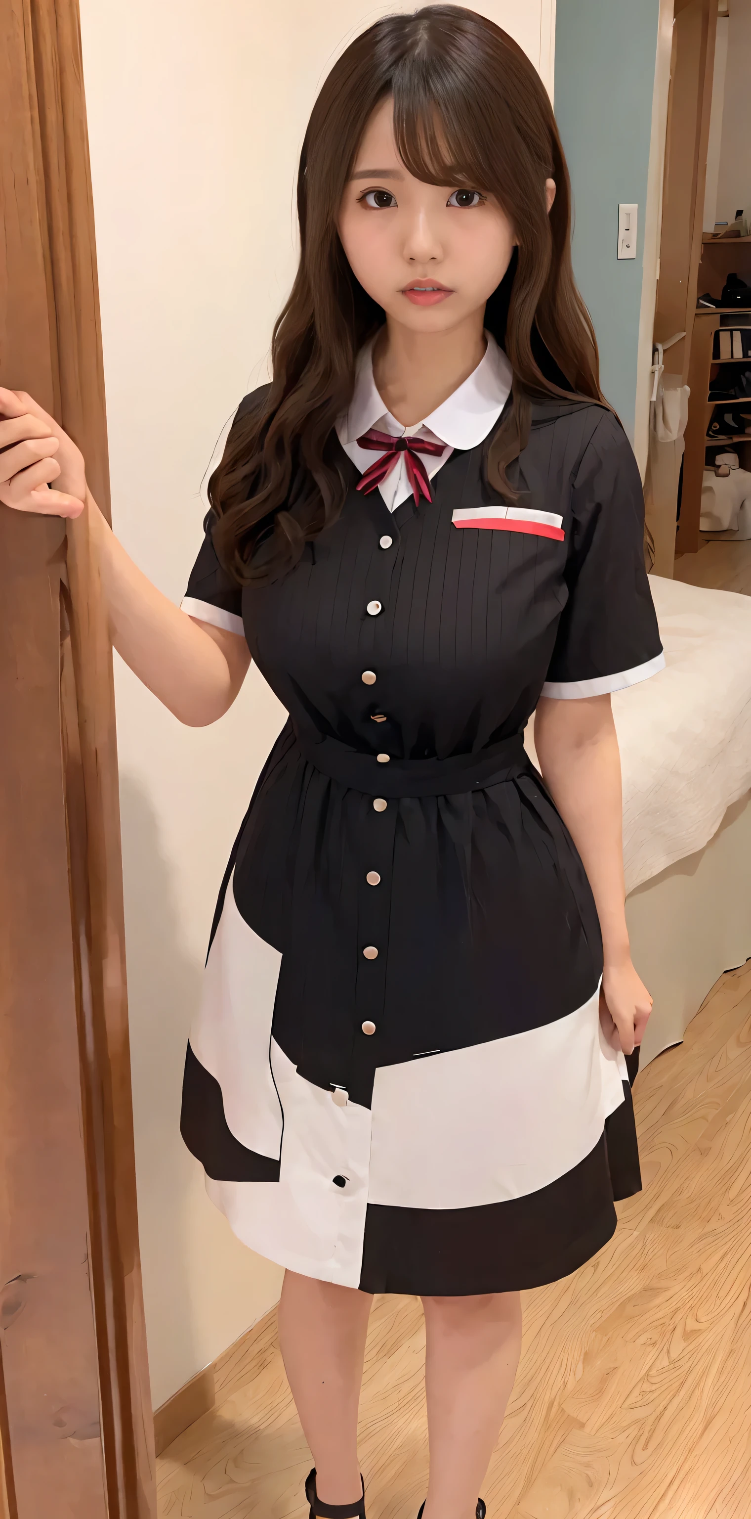 Japanese maid, Mature Woman, ((Slightly thicker, Round face, About 40)),  Wavy black hair with no bangs, Long Hair, Flashy makeup, Fuller lips, Sexy Gaze, uniform, ((dressing)), Looking into the camera, Low angle shooting, Cute duck mouth,((Extremely precise and accurate anatomy)),  (masterpiece:1.43), Perfect balance, Realistic photos, Full Shot, whole body, (height: 148cm), High heels Has two legs,Has two arms、Has two legs, You need two arms)) 