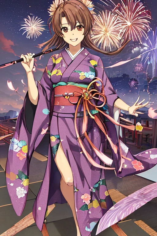 Looking at the camera,(((highest quality, 8k, masterpiece))), Sharp focus, (Beautiful woman with perfect figure), thin, (Hairstyle: superior)), ((kimono: Cane)), street: 1.2 非常に詳細な顔と肌の質感 詳細な目 double eyelid ランダムな姿勢, (smile),ssuperiorer cute Japan person,ssuperiorer beauty Japanese girl, Realistic Face, double eyelid,smile,Summer festival , At sunset , Beautiful Teeth , Fireworks Background.