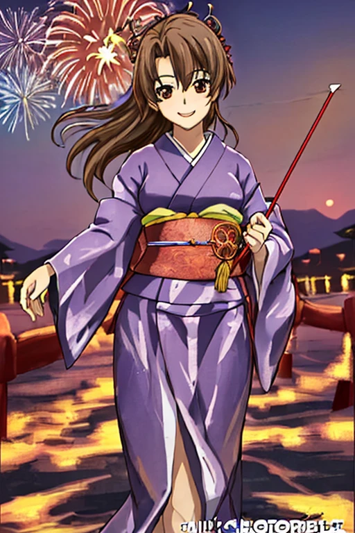 Looking at the camera,(((highest quality, 8k, masterpiece))), Sharp focus, (Beautiful woman with perfect figure), thin, (Hairstyle: superior)), ((kimono: Cane)), street: 1.2 非常に詳細な顔と肌の質感 詳細な目 double eyelid ランダムな姿勢, (smile),ssuperiorer cute Japan person,ssuperiorer beauty Japanese girl, Realistic Face, double eyelid,smile,Summer festival , At sunset , Beautiful Teeth , Fireworks Background.