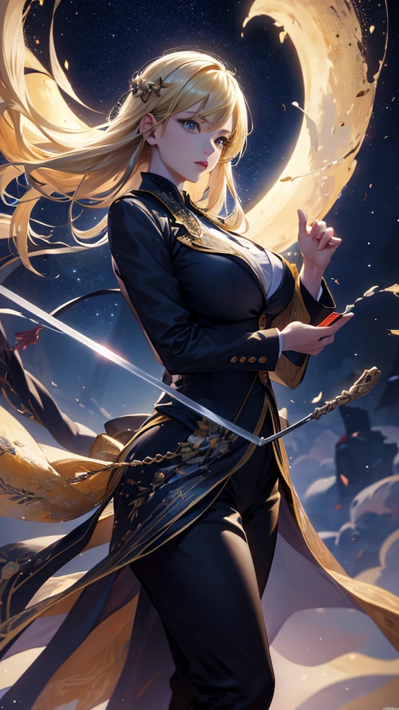 masterpiece, high quality, 4K, Beautiful design, silhouette,blonde, 非常に詳細な夜のStarry Sky,Flower Field, wonderful, Finer details, Very knowledgeable woman, Highly detailed solo, 1 female,Big Breasts,business suit,Night view,Starry Sky,full moon,