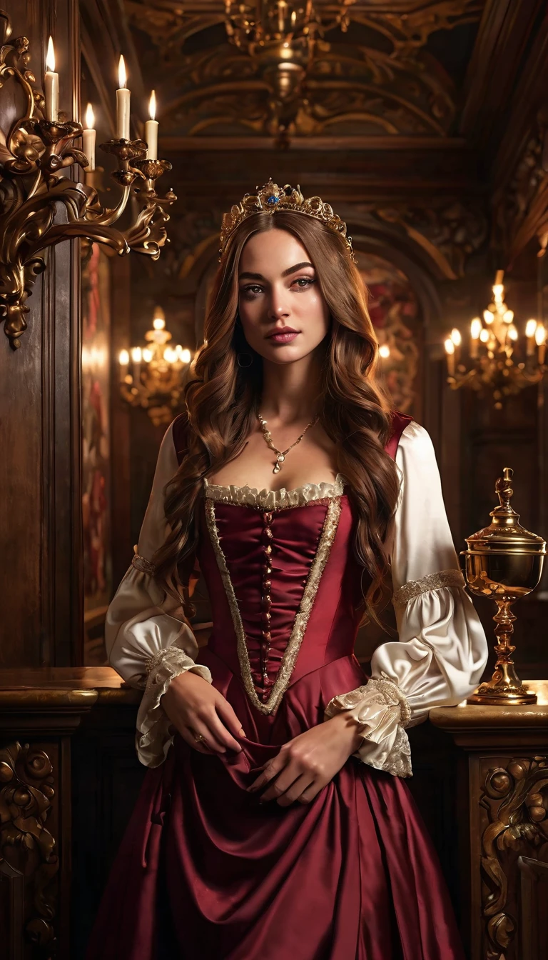 a beautiful mean girl, highly detailed, photorealistic, spilling red wine on purpose, malicious expression, narrow eyes, cruel smile, elegant dress, long hair, mocking servants, ornate interior, dramatic lighting, Renaissance style