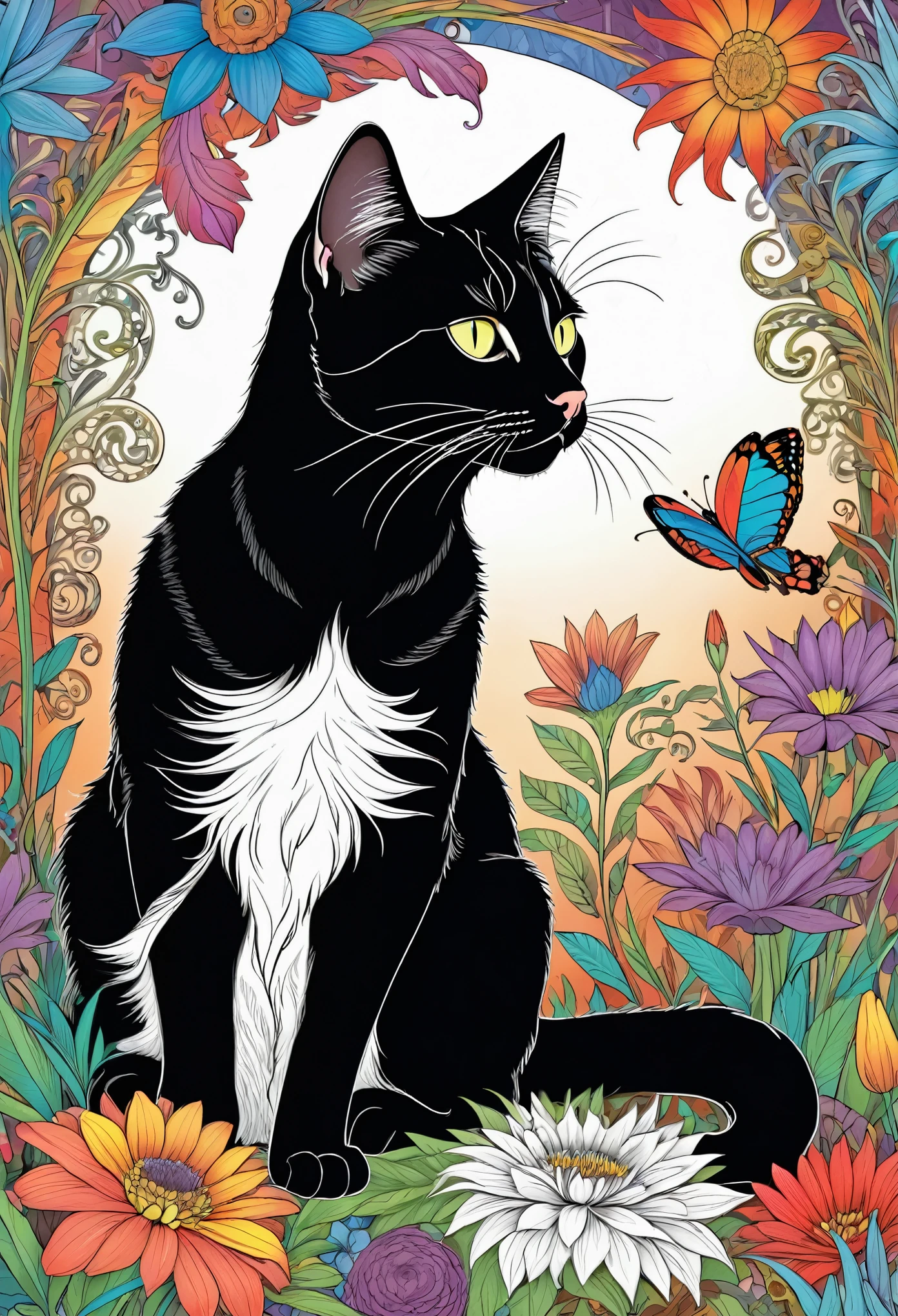 black and white, coloring page, A cat perched on a flower, its feathers adorned with vibrant colors, set against a natural background. The hummingbird is depicted with intricate details, bold colors, and high-definition quality, immersing viewers in the scene. 
