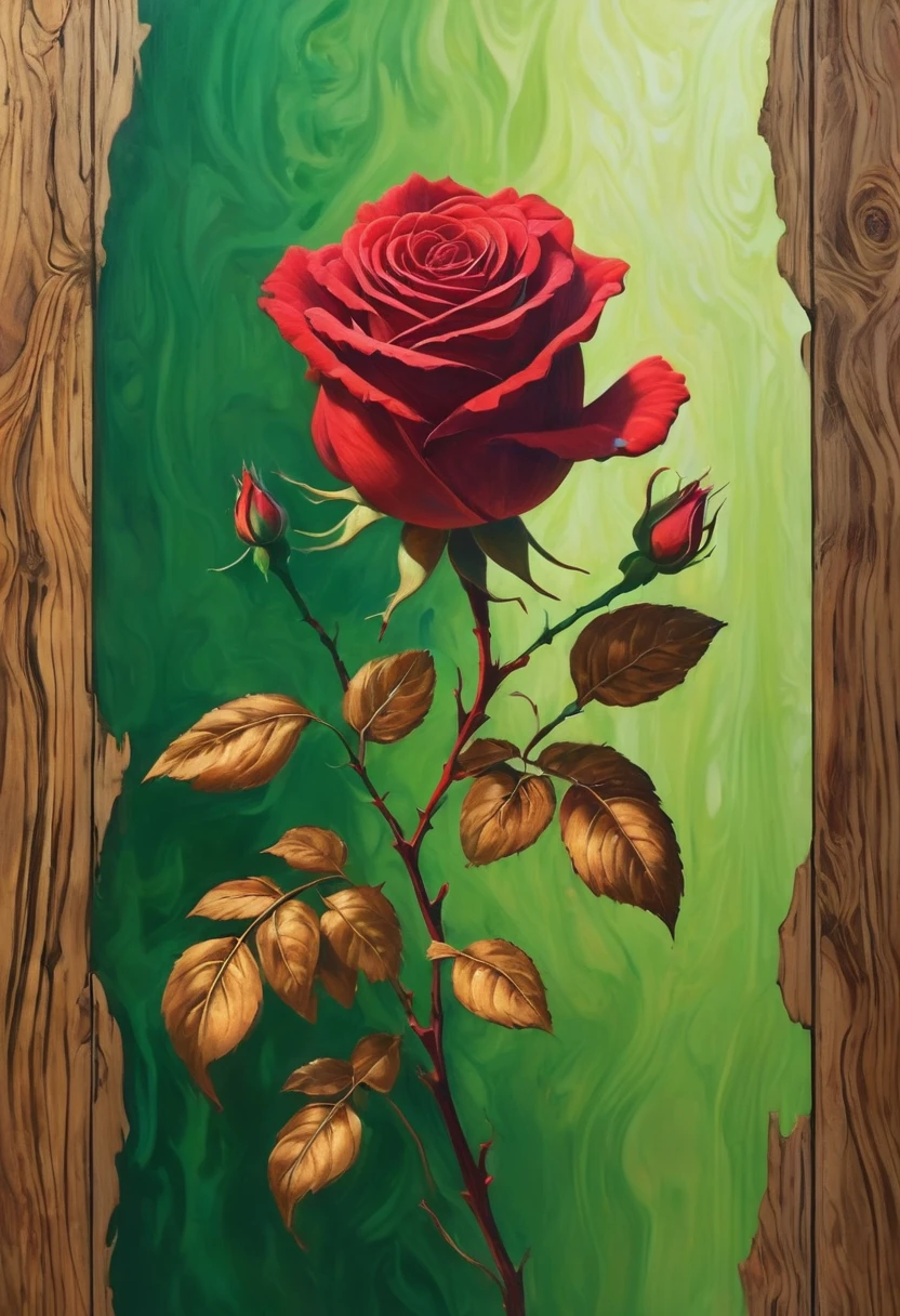 A captivating and enchanting piece of artwork portrays a graceful female silhouette illuminated in warm, golden hues. The subject tenderly holds a dramatic red rose, intricately designed with golden outlines that accentuate the delicate beauty. The deep green background, reminiscent of a wooden surface, adds depth and contrast to the piece. This masterful creation is a breathtaking embodiment of the love for art and the transformative power of creative expression.