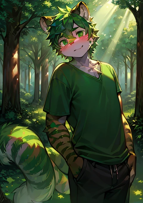 (Trees,many trees,copse,Emerald,Green gemstones,Trees,Light shines through the leaves,), male_important,hairy, 1 boy,Green tiger, (detailed_background,amazing_background),Dark green fur, Tiger Boy, Green short sleeves,simple, Tiger Tail,(Many Tails), Light green eyes, green hair,detailed face,detailed eyes,Head tilt, from the side, SFW,