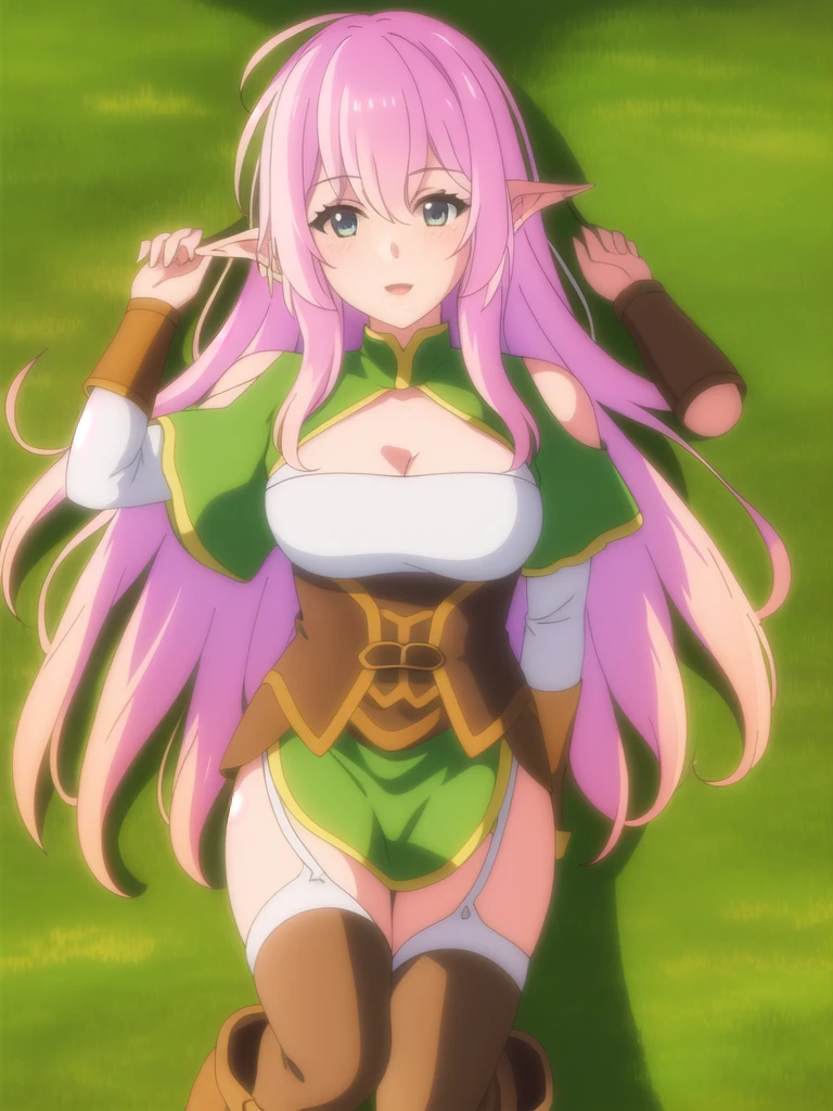 (((Best quality))),((Ultra-detailed)),((illustration)),((Disheveled hair)),((frilld)),(1 girl), 1girl , bangs , boots , breasts , brown footwear , cleavage , elf , eyebrows visible through hair , from above , grass , green background , hair between eyes , large breasts , long hair , looking at viewer , medium breasts , on back , on grass , open mouth , outdoors , parted lips , LavenderBlush hair , pointy ears , smile , solo , thighhighs , thighs , very long hair